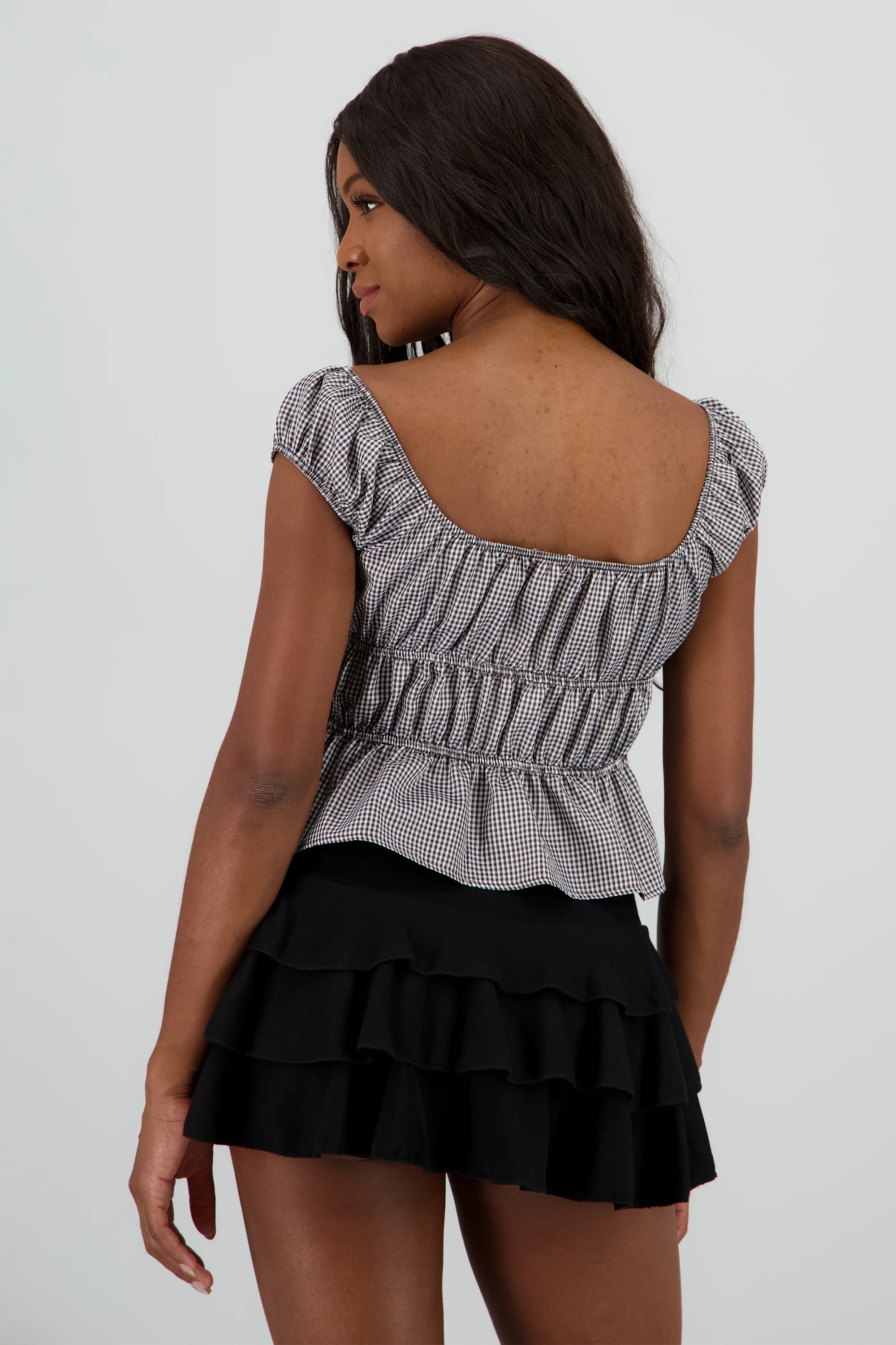 Blusa manga corta cuadros detalle moños - Image 4