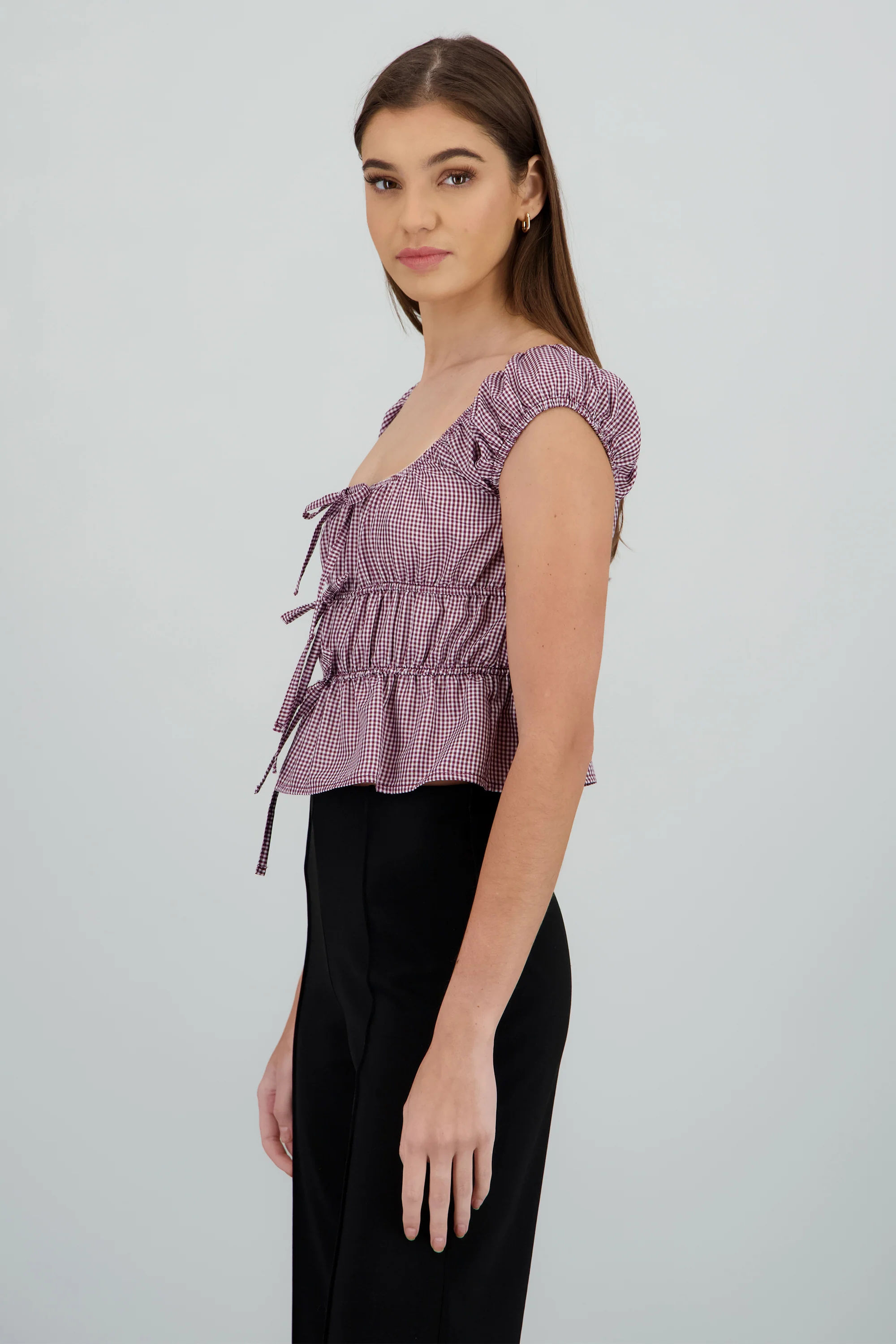 Blusa manga corta cuadros detalle moños - Image 3