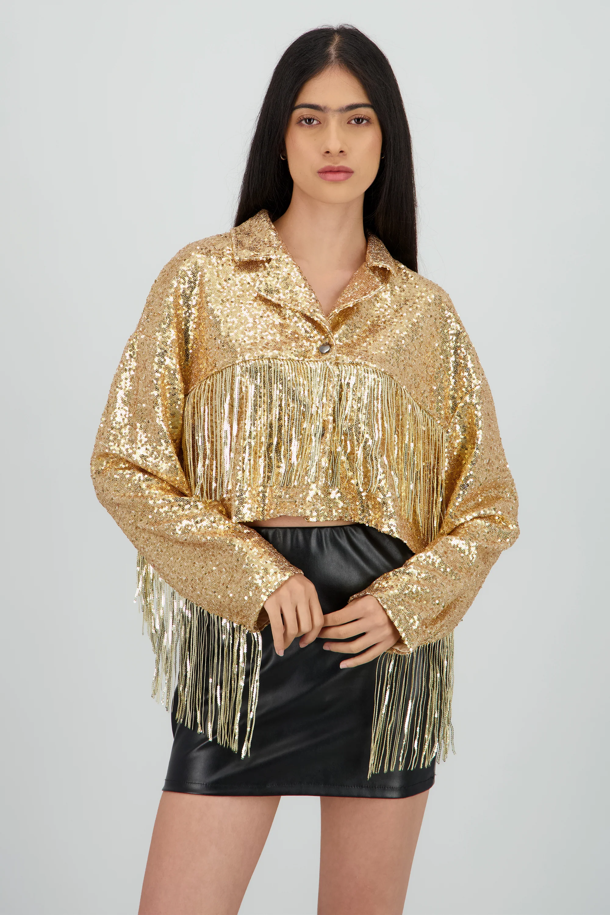 Chamarra crop fringe con brillos - Image 2