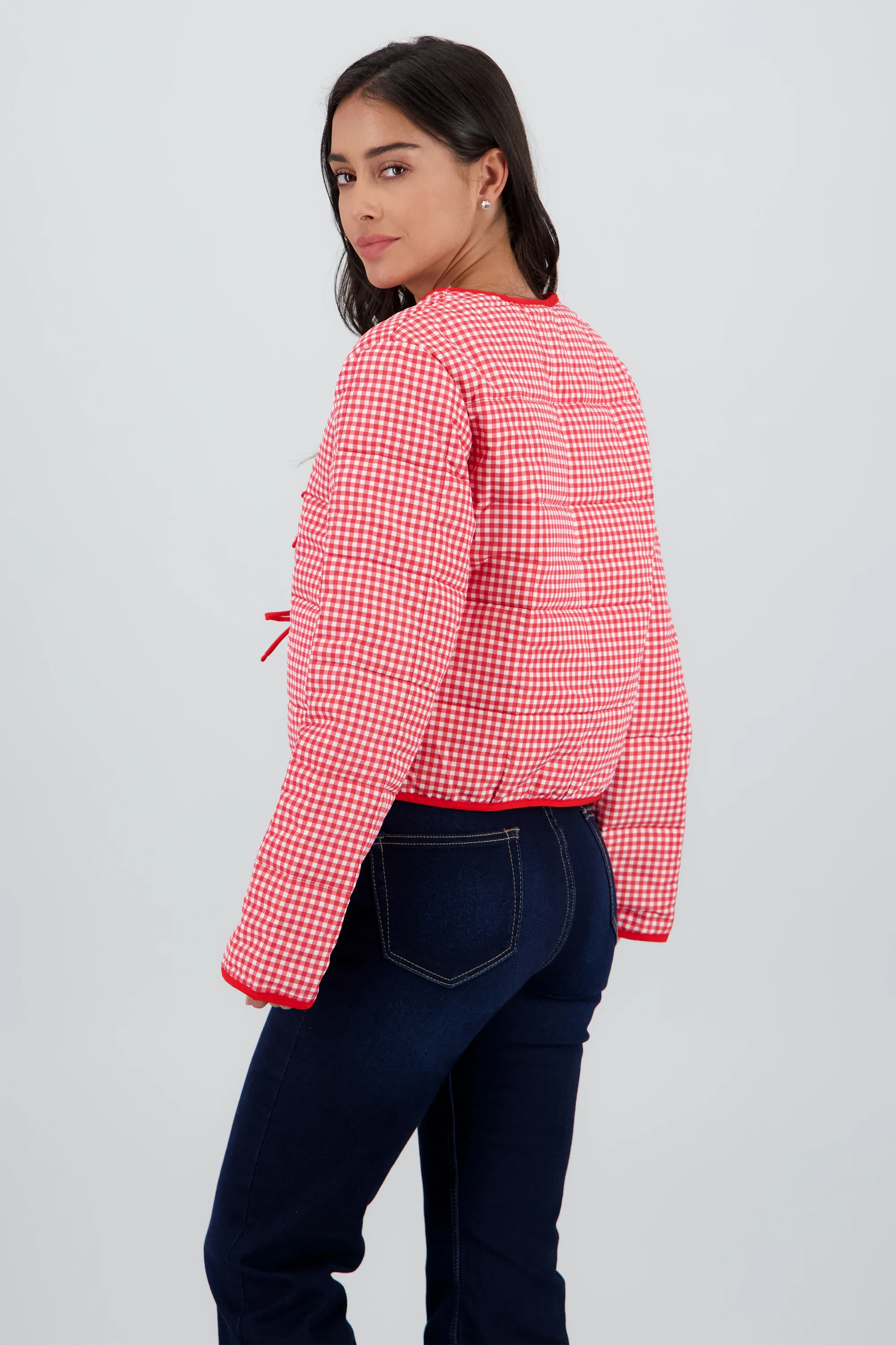 Chamarra ligera de gingham con detalle de moños - Image 4