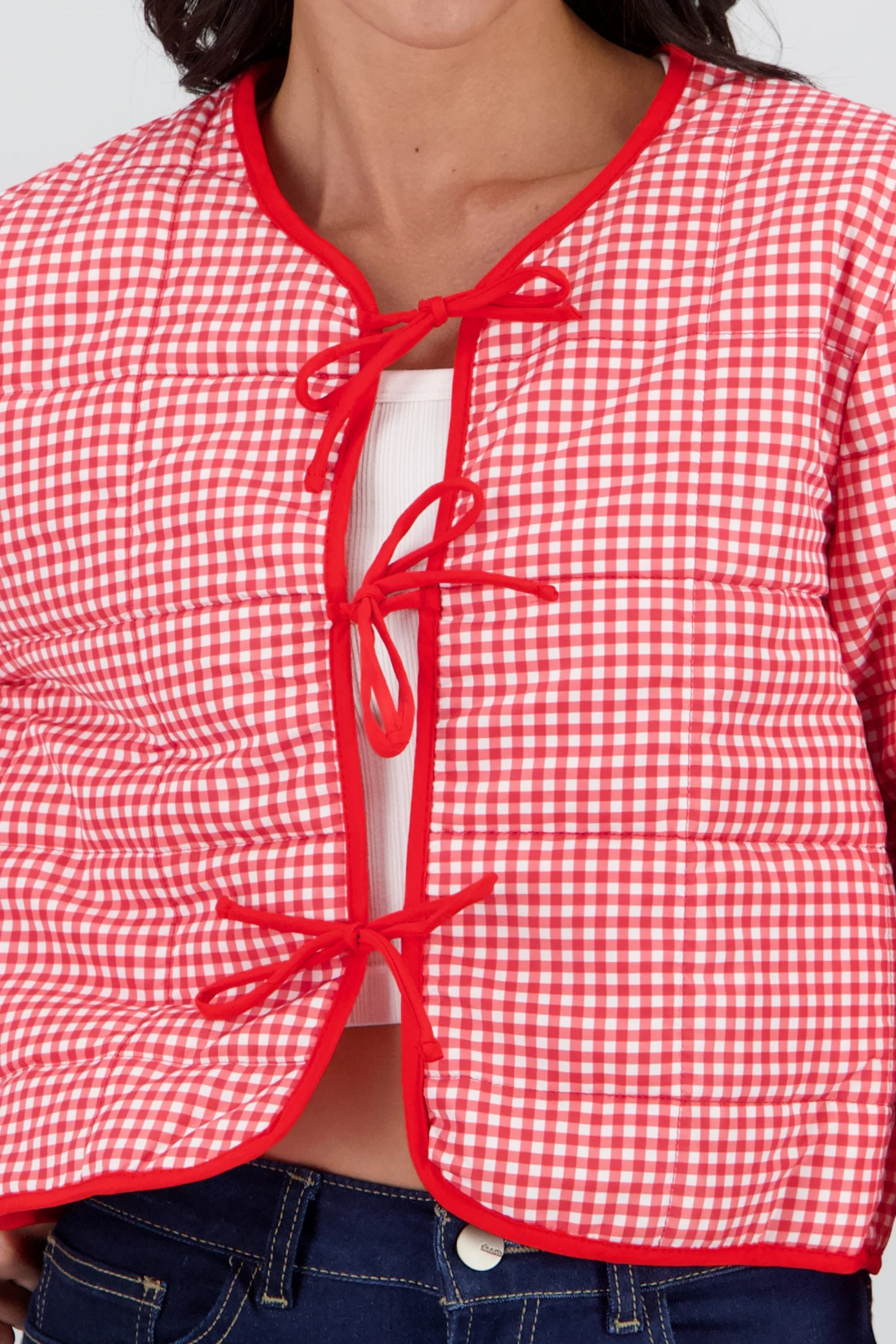 Chamarra ligera de gingham con detalle de moños - Image 5