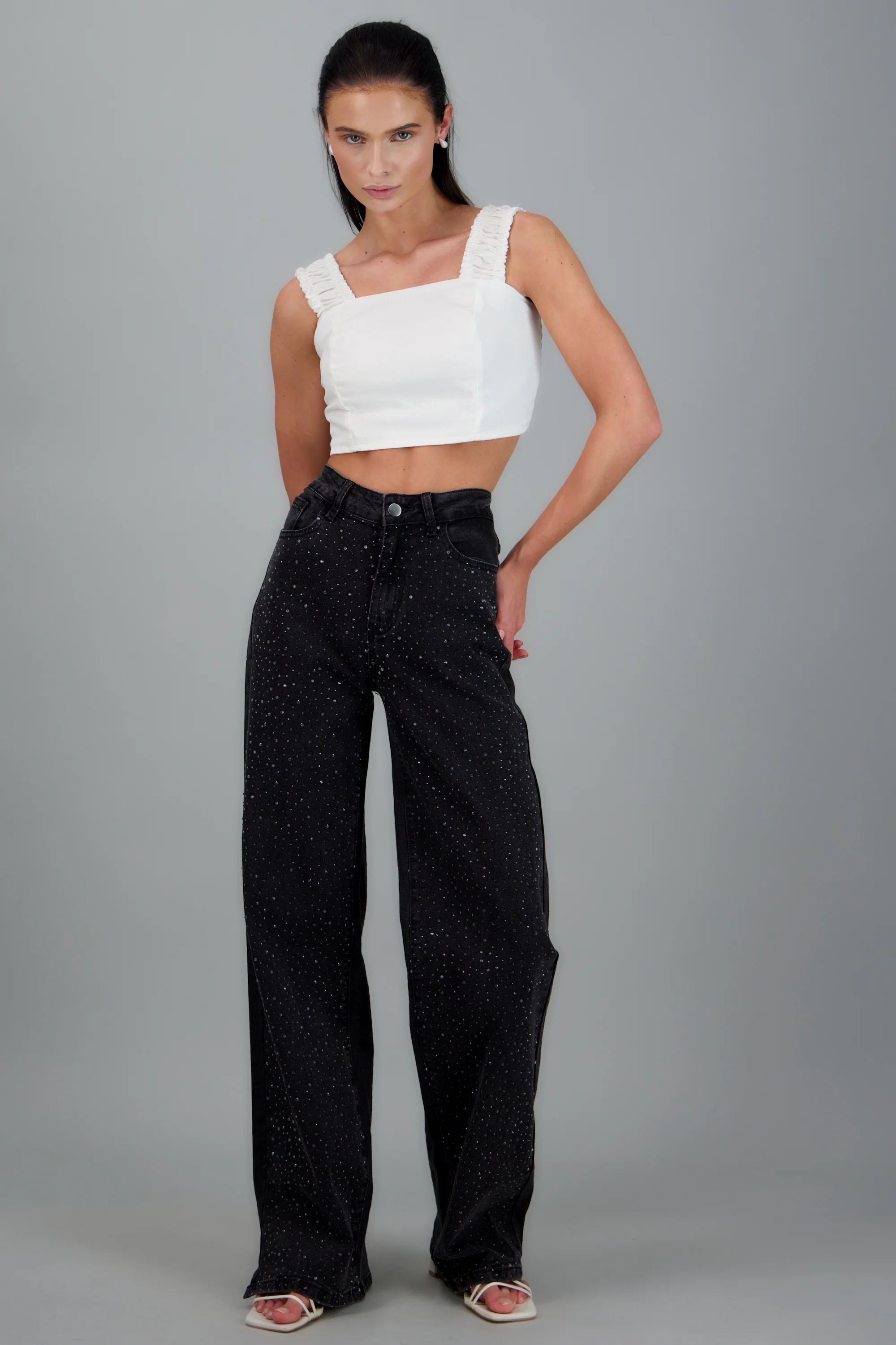 Jeans wide leg con cristales