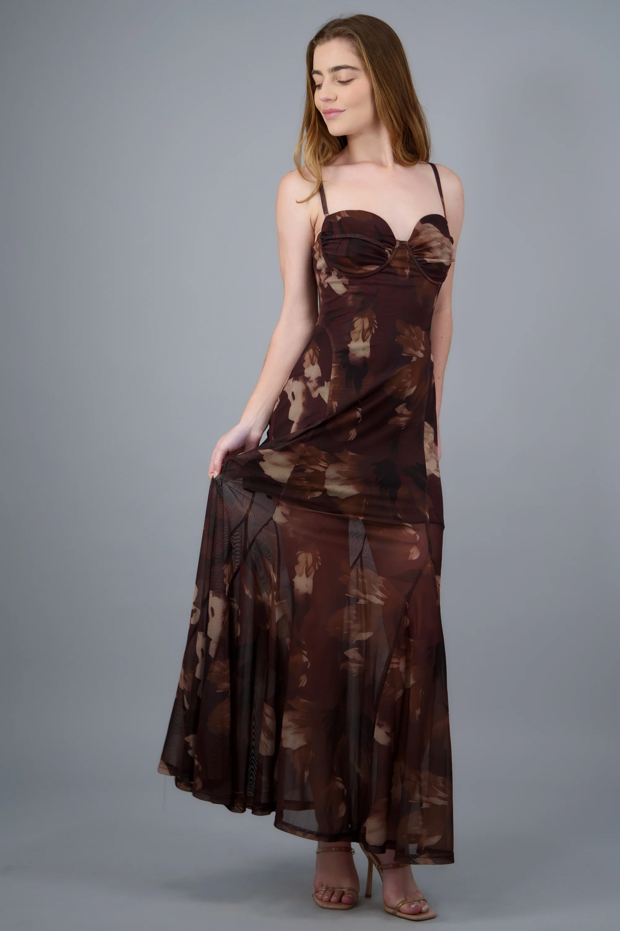 Maxi vestido mesh estampado escote