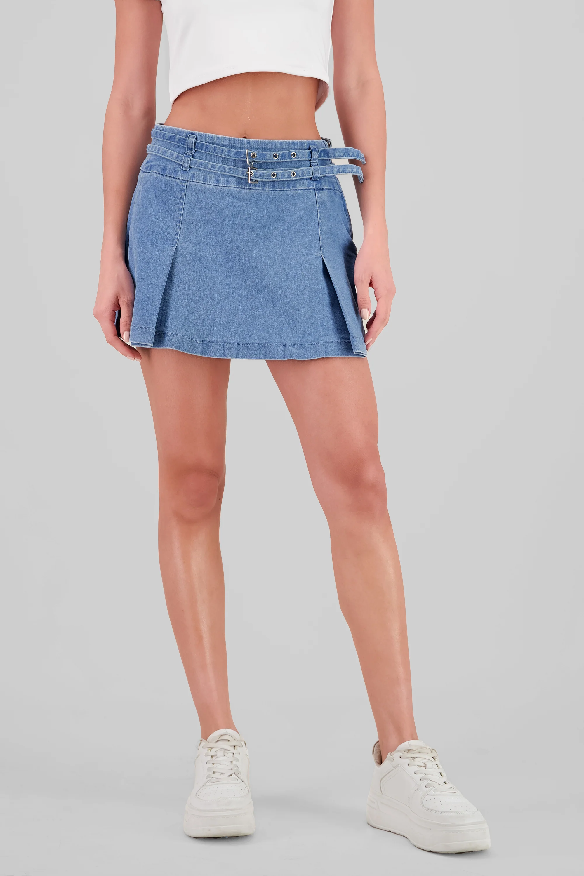 Minifalda tableada denim con doble cinturon - Image 2
