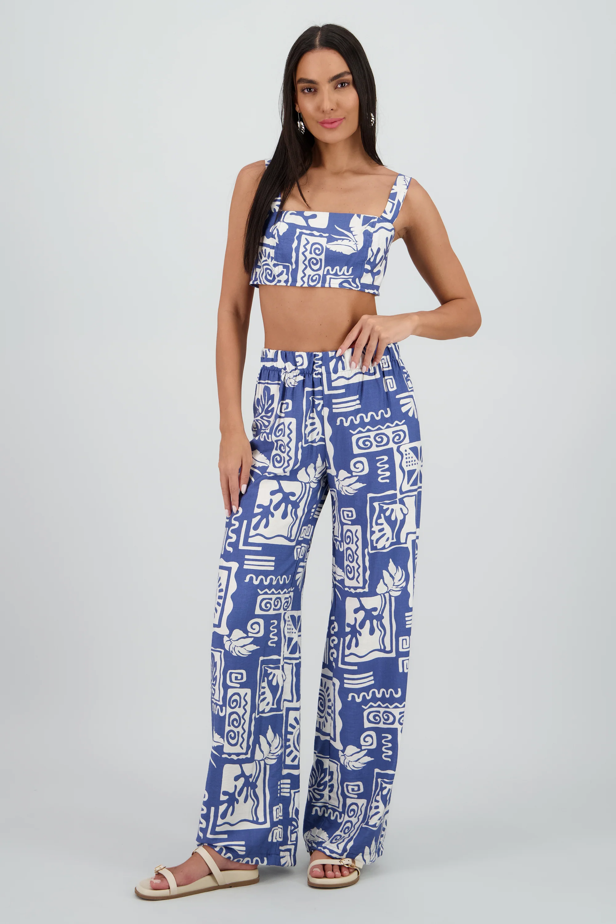 Pantalon estampado tropical wide leg