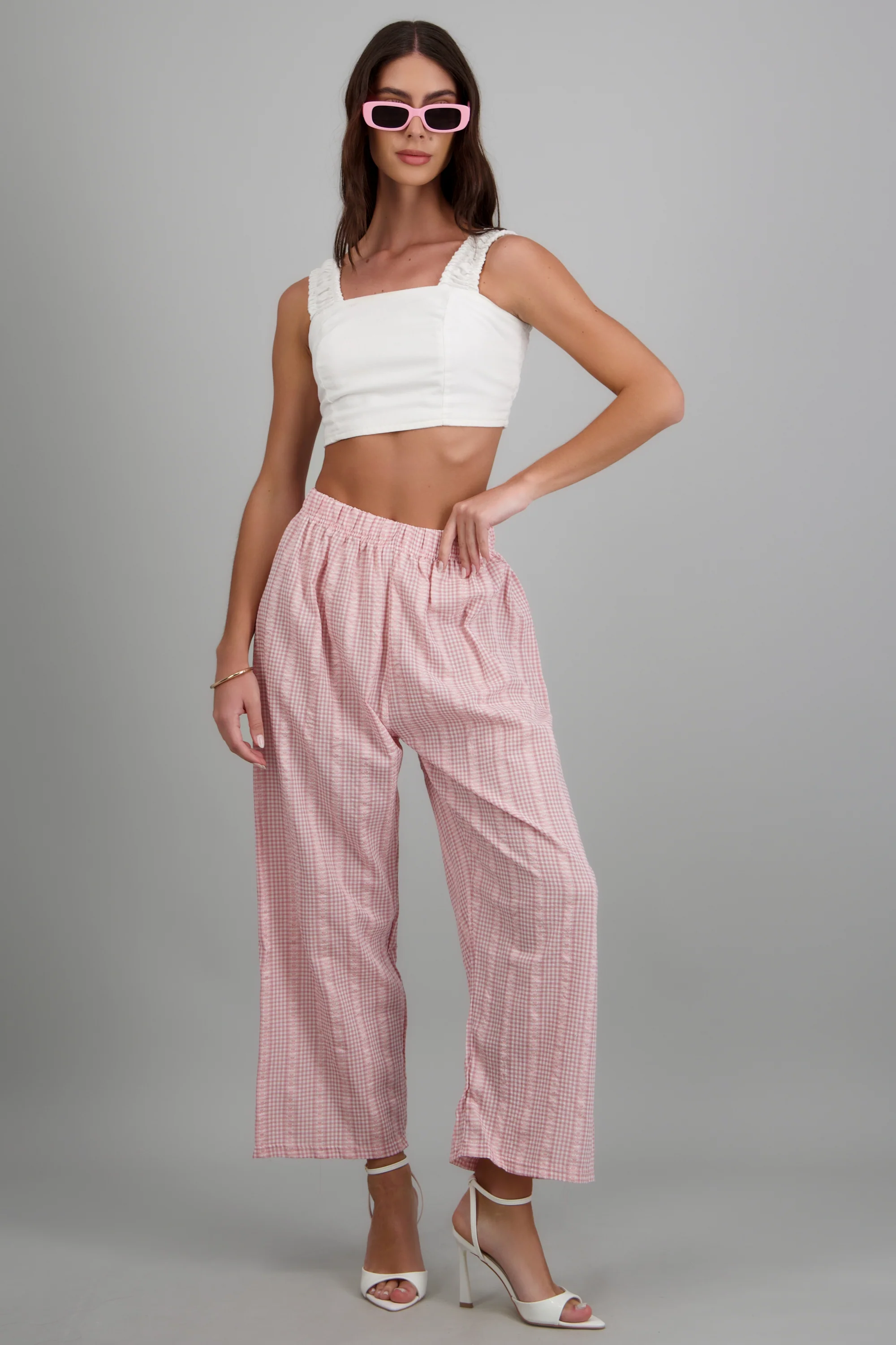 Pantalones mini cuadros tela con textura