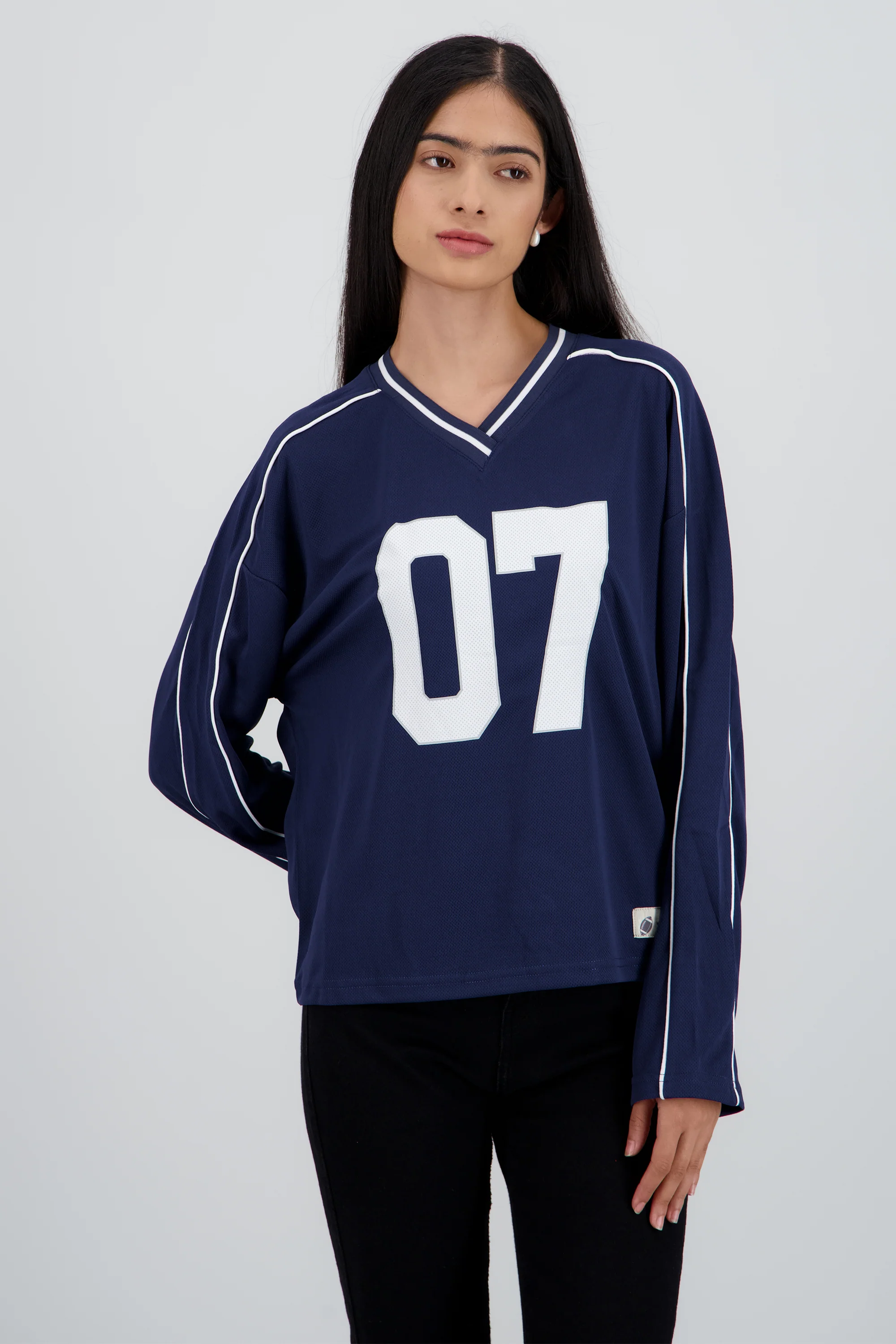 Playera tipo jersey contraste manga larga