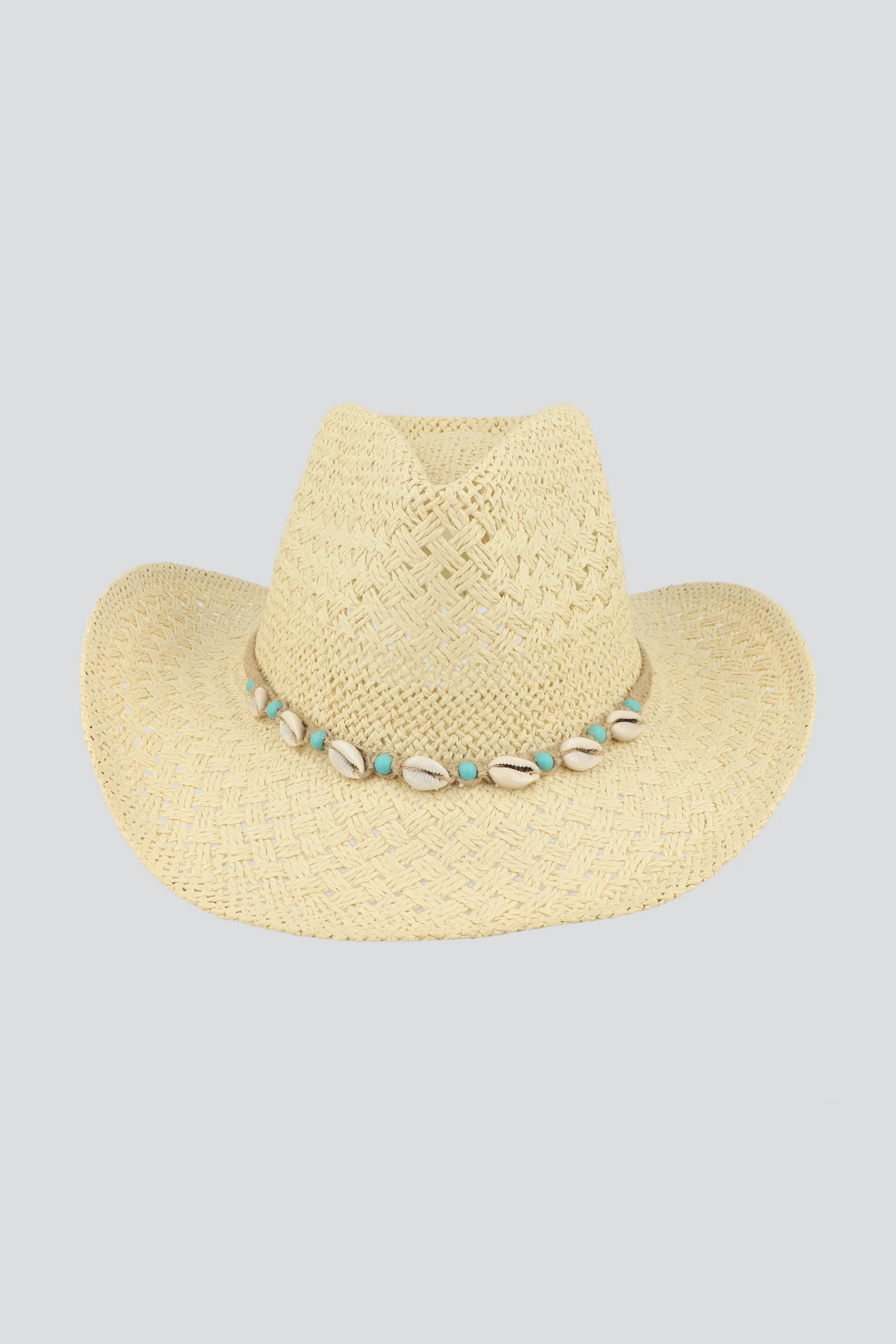 Sombrero calado conchas turquesas