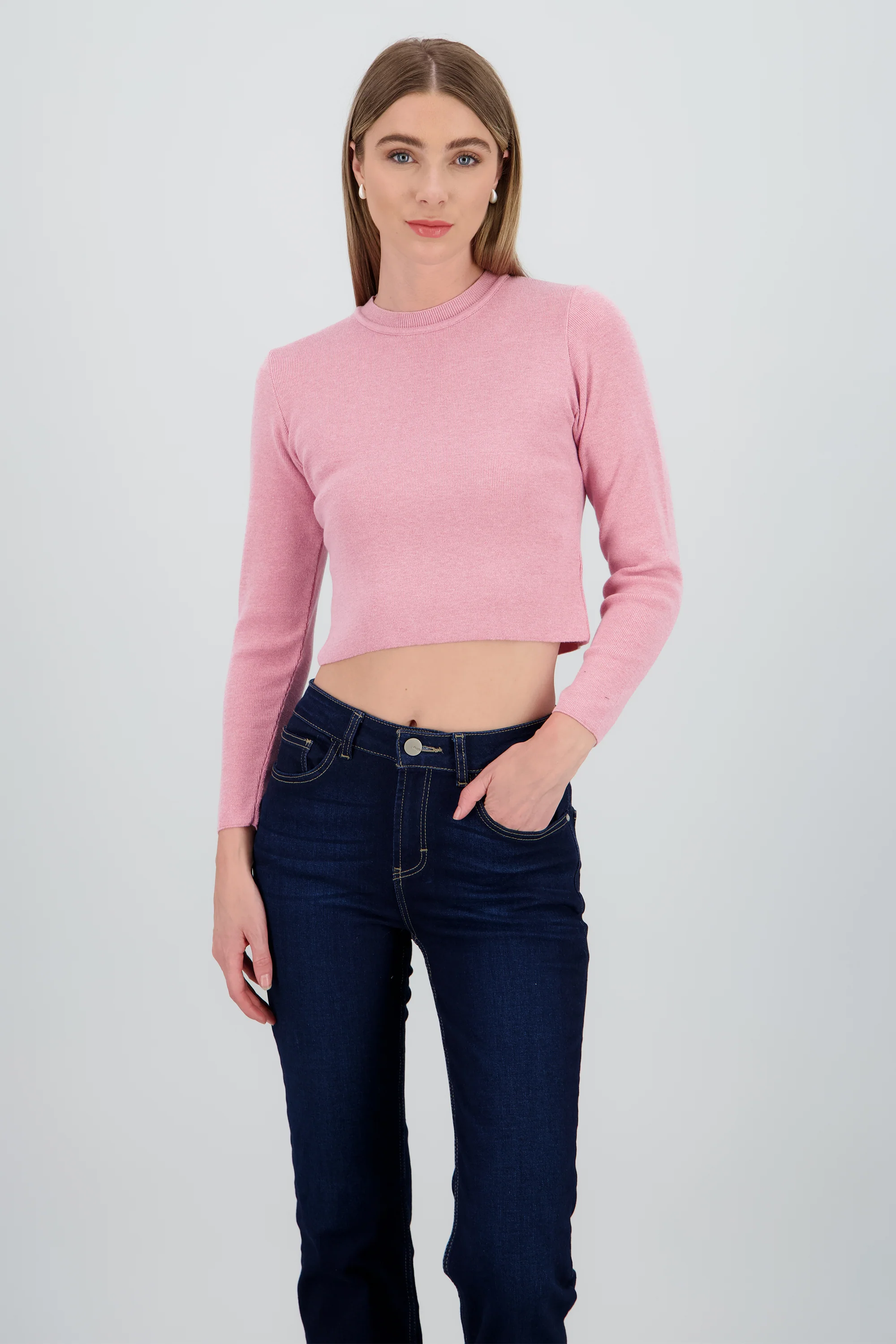 Sueter crop liso manga larga