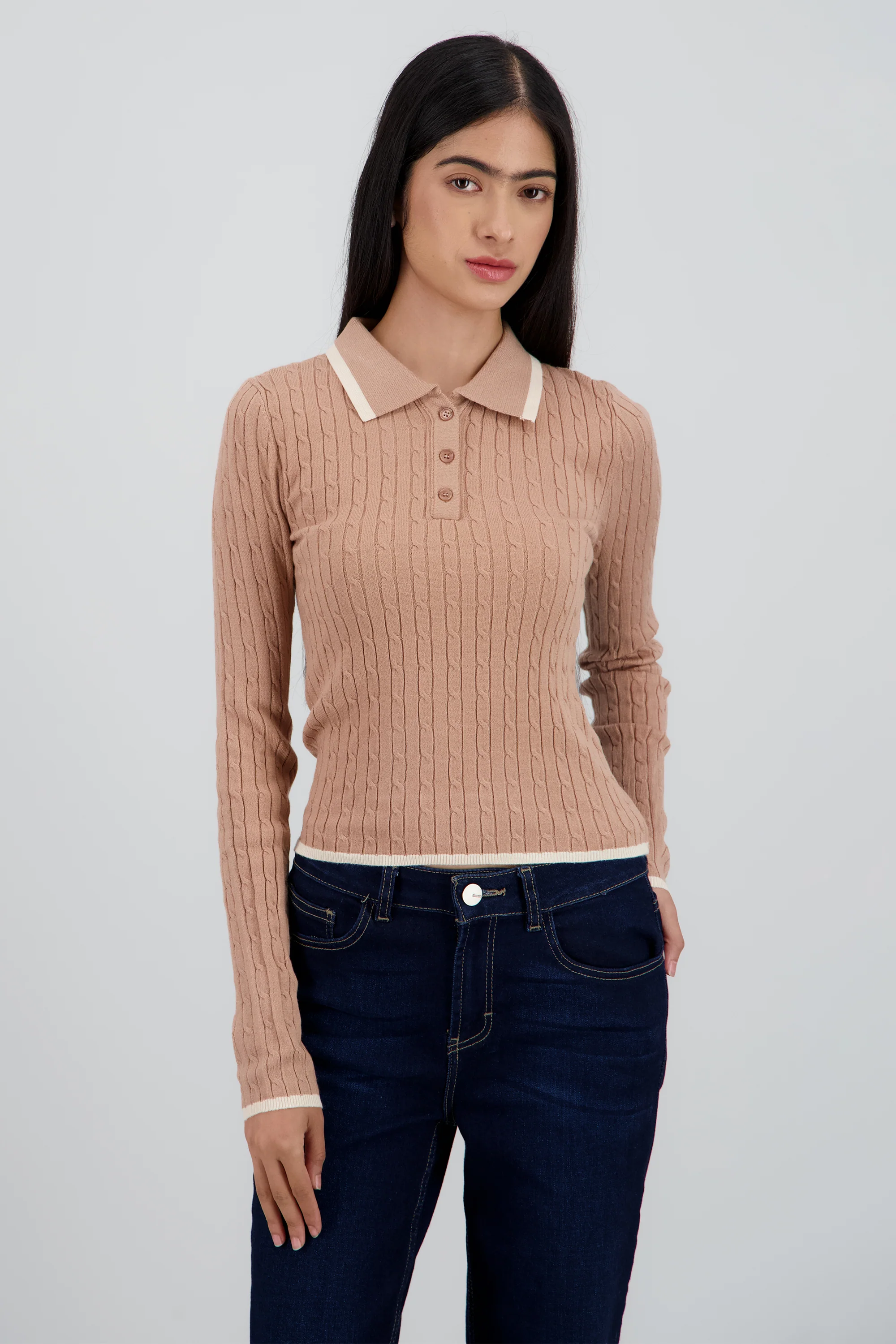 Sueter tipo polo manga larga textura raya contrast