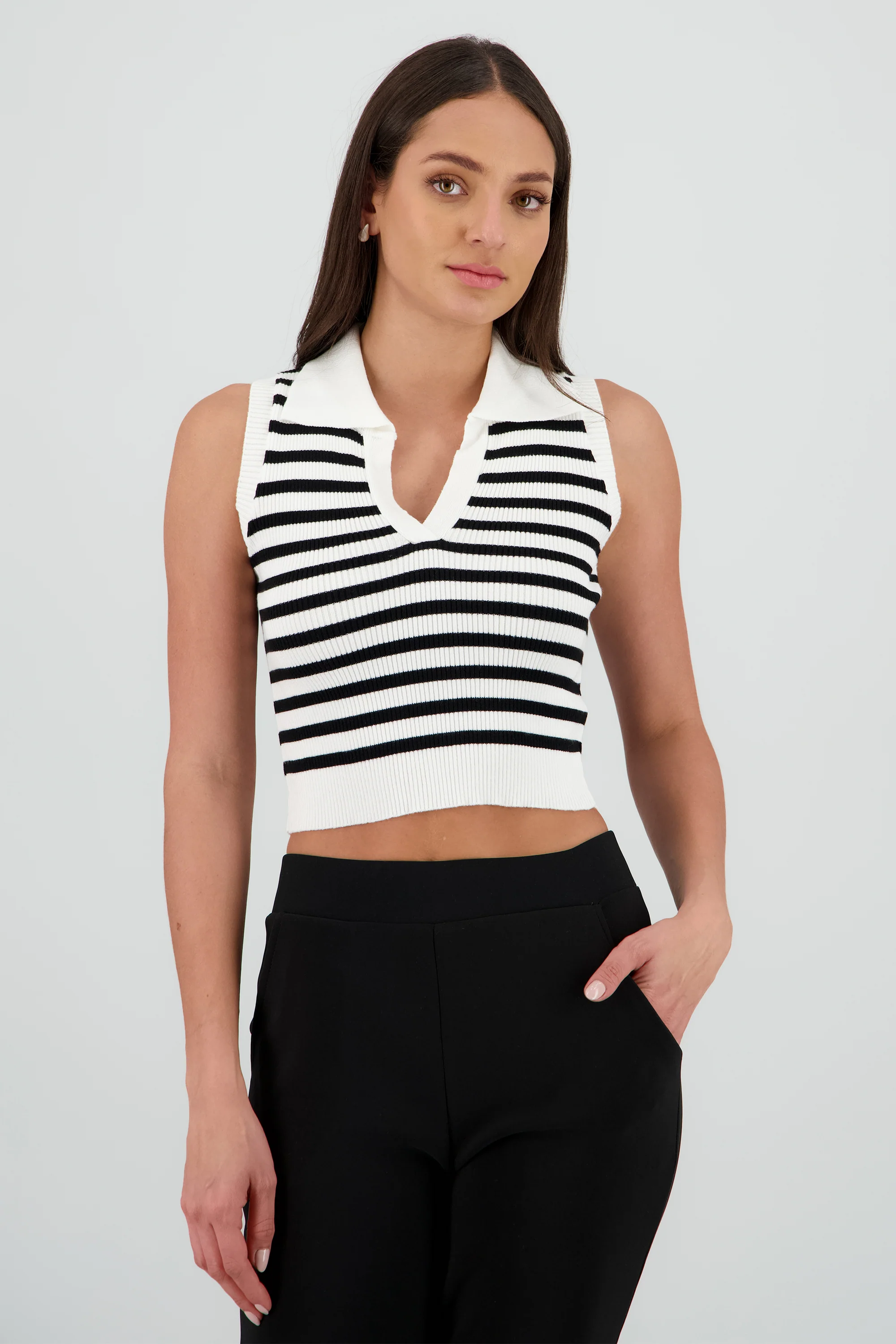 Top cuello polo sin mangas rayas tejido - Image 2