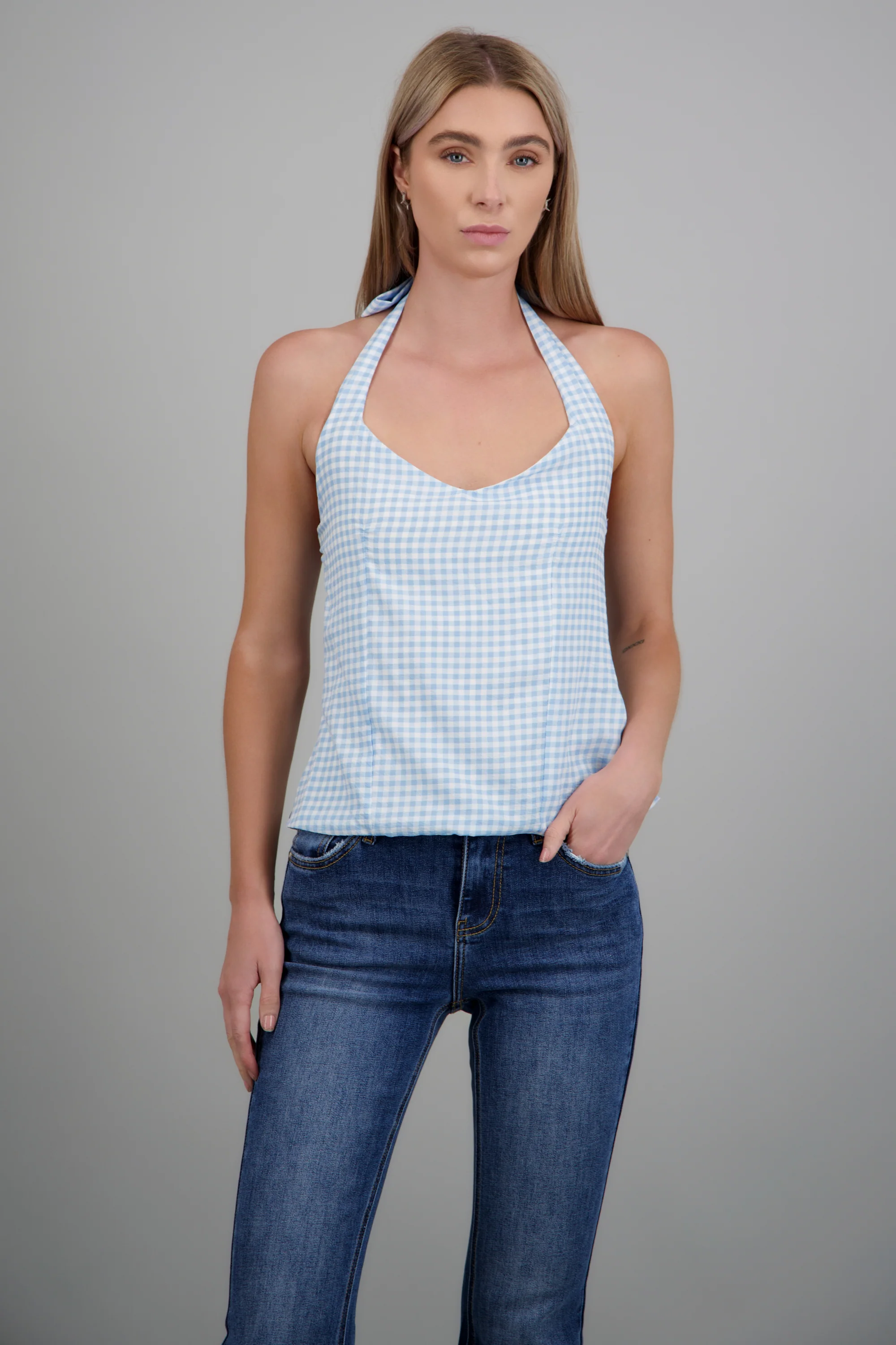 Top de cuadros halter con moño