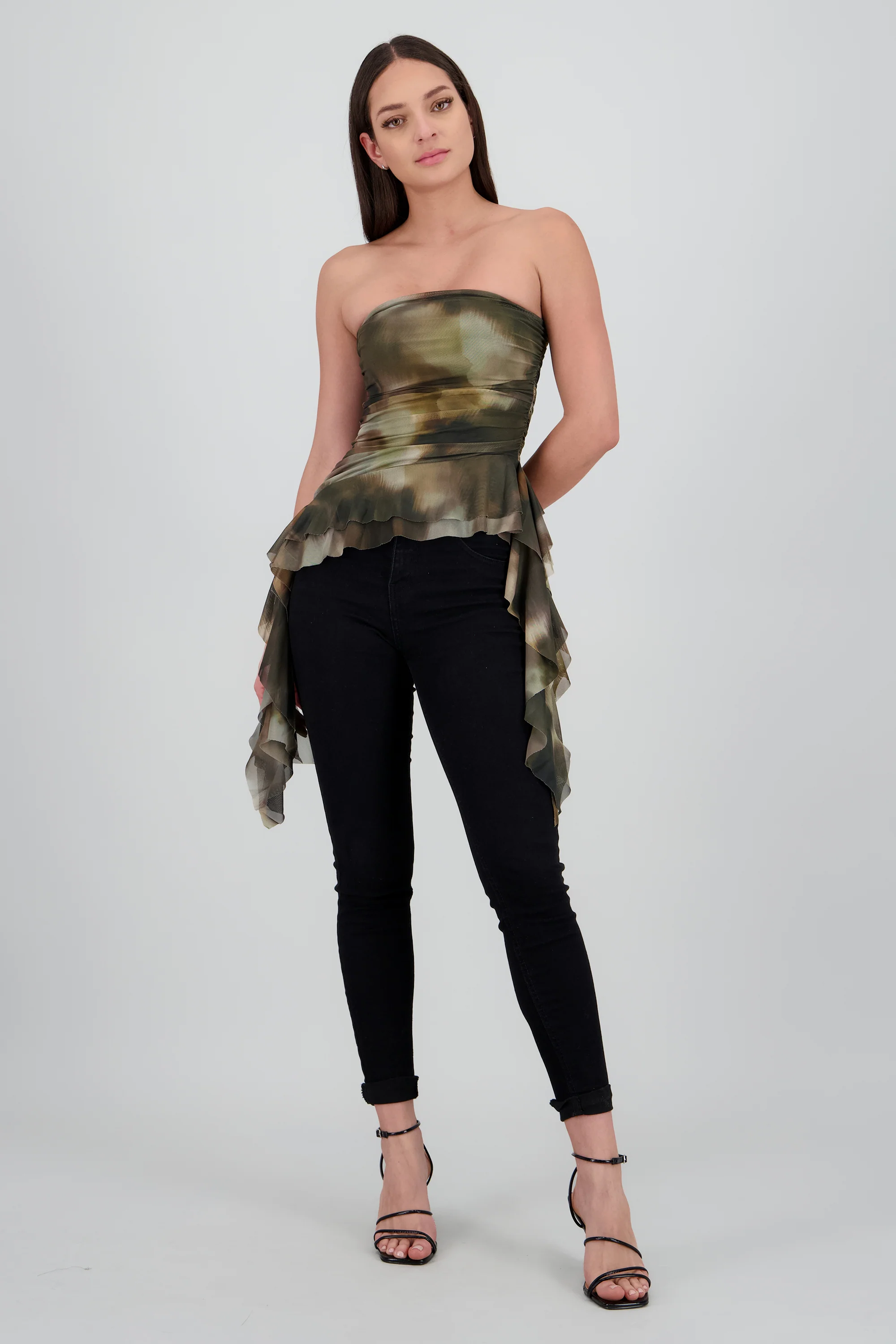 Top drapeado tiras estampado