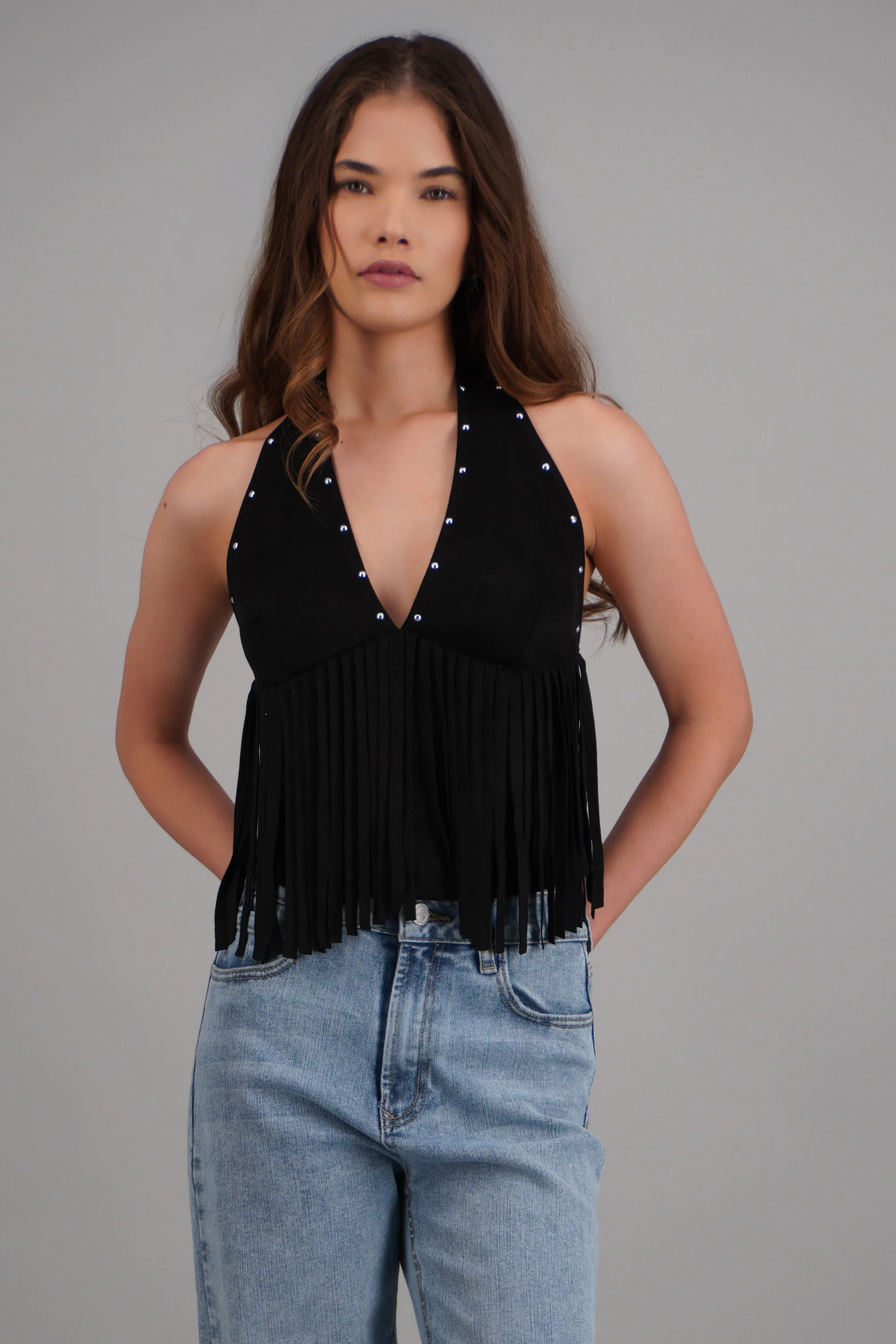 Top halter estoperoles con flecos