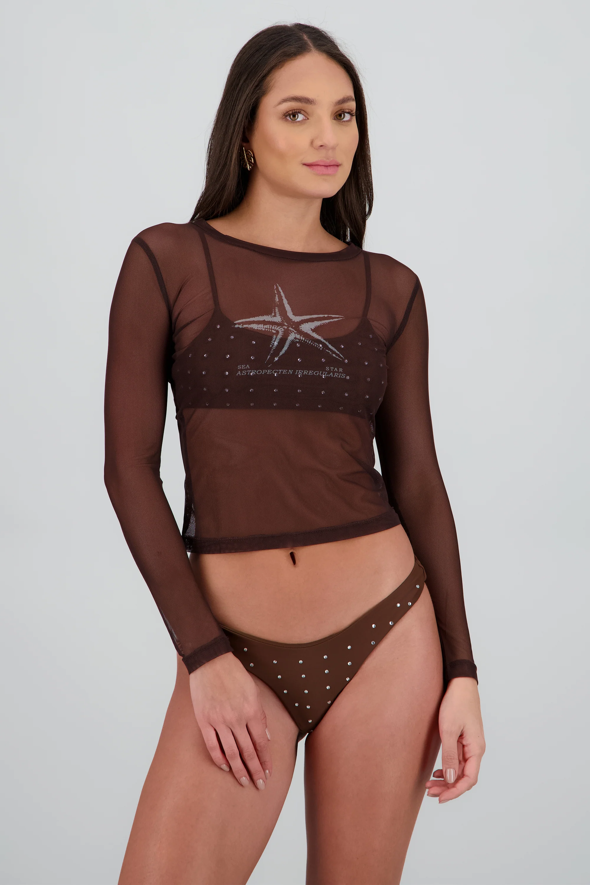 Top manga larga mesh estampado estrella - Image 2