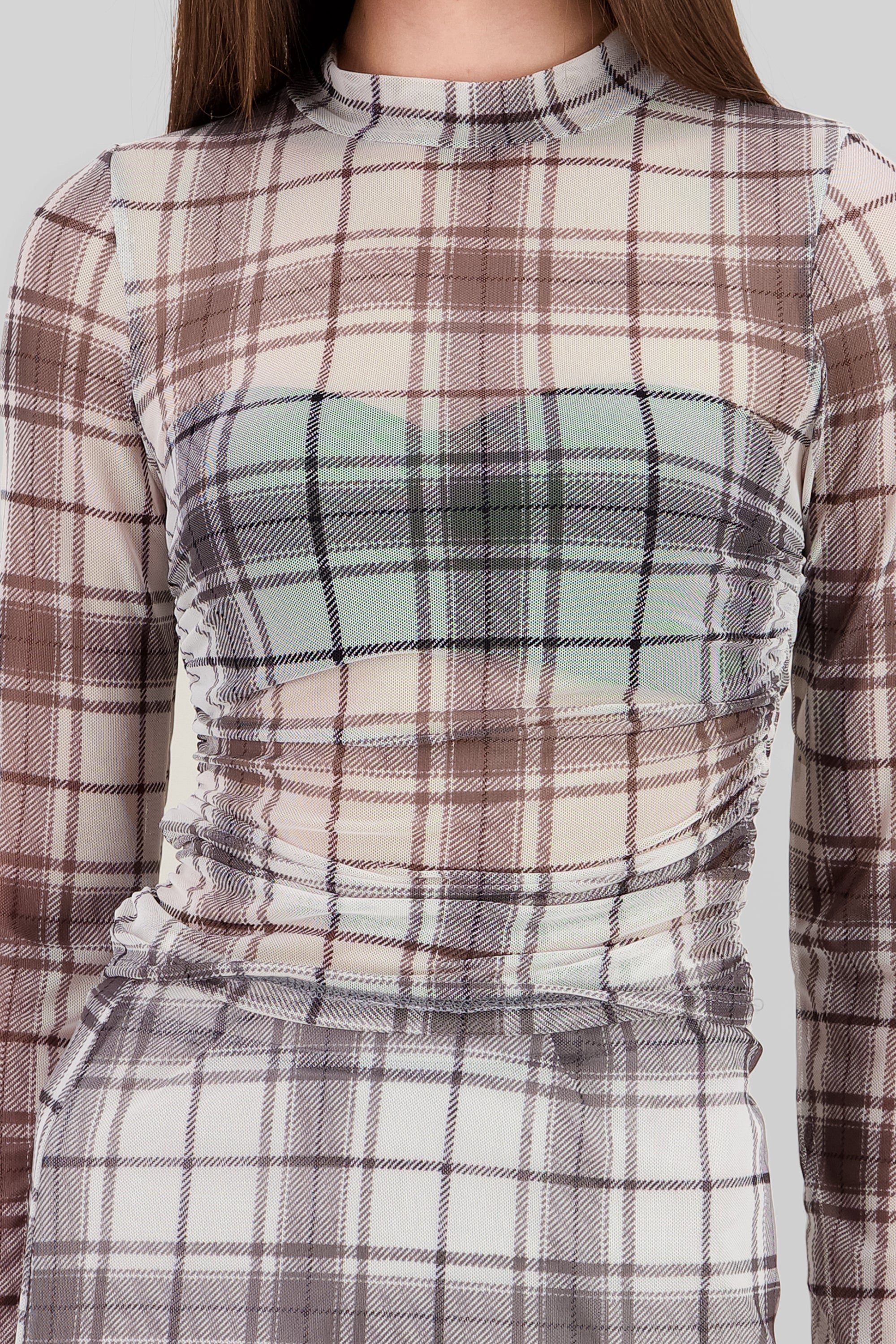 Top plisado mesh cuadros manga larga - Image 5