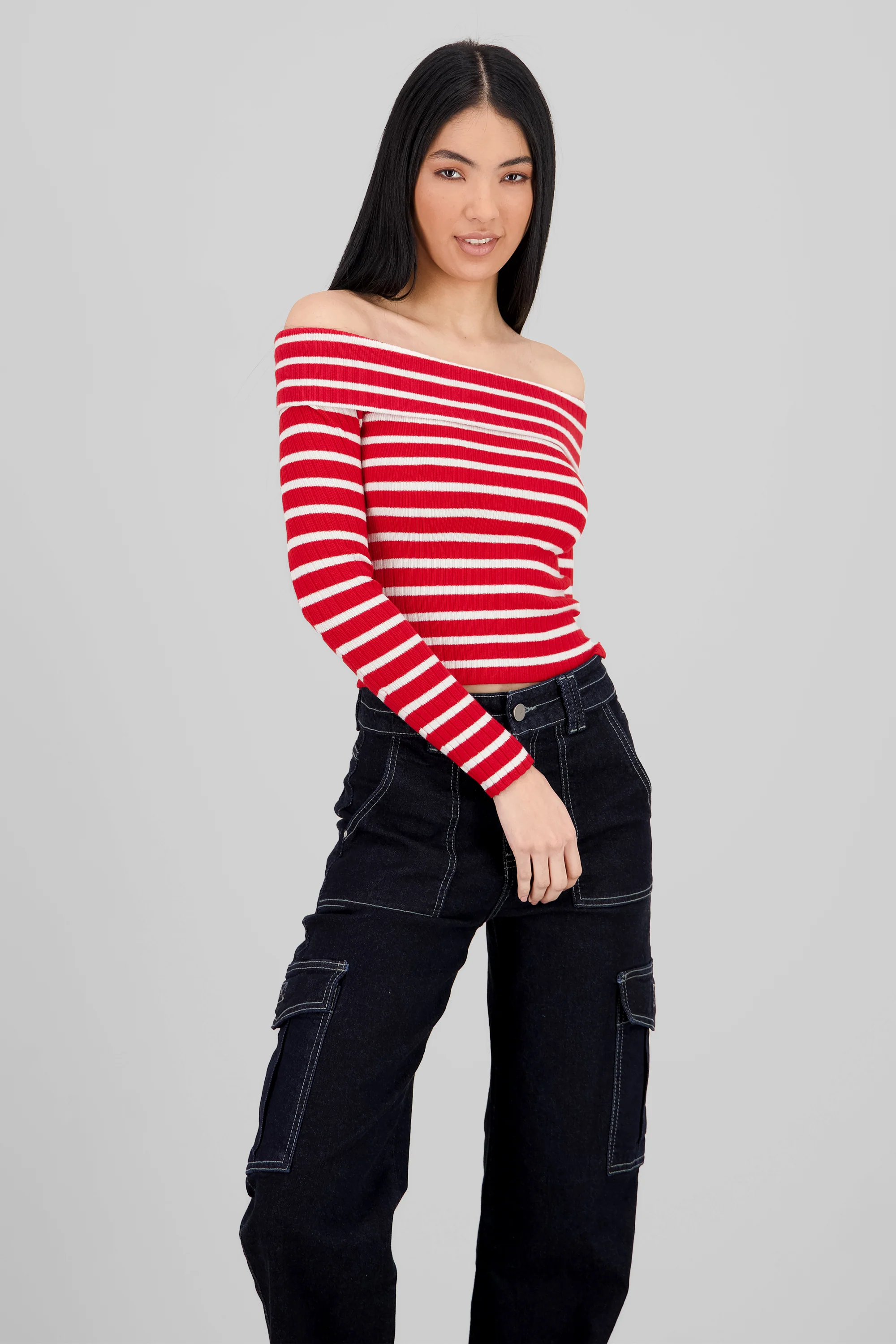 Top rayas off shoulder manga rayas - Image 2