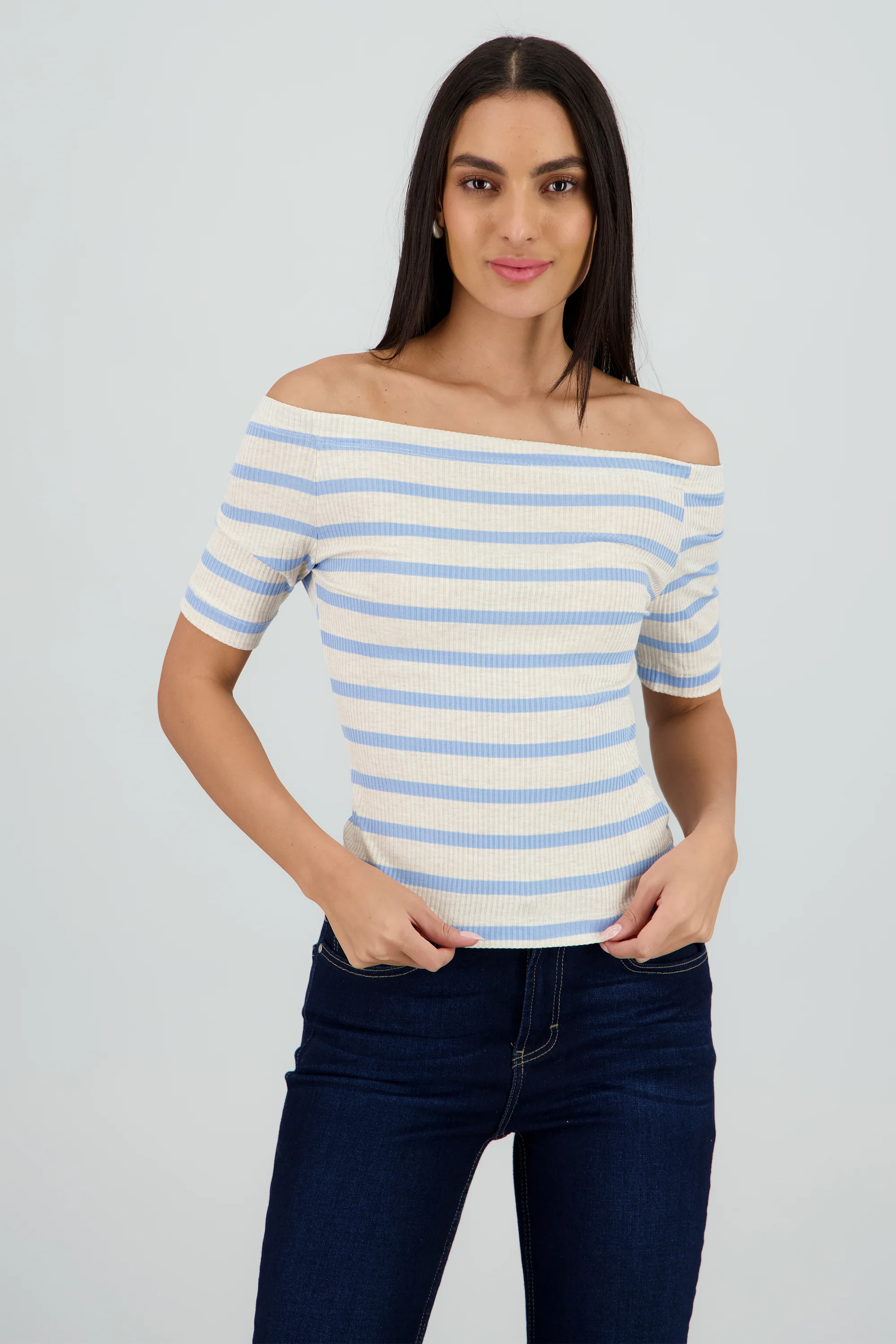 Top rib off shoulder rayas