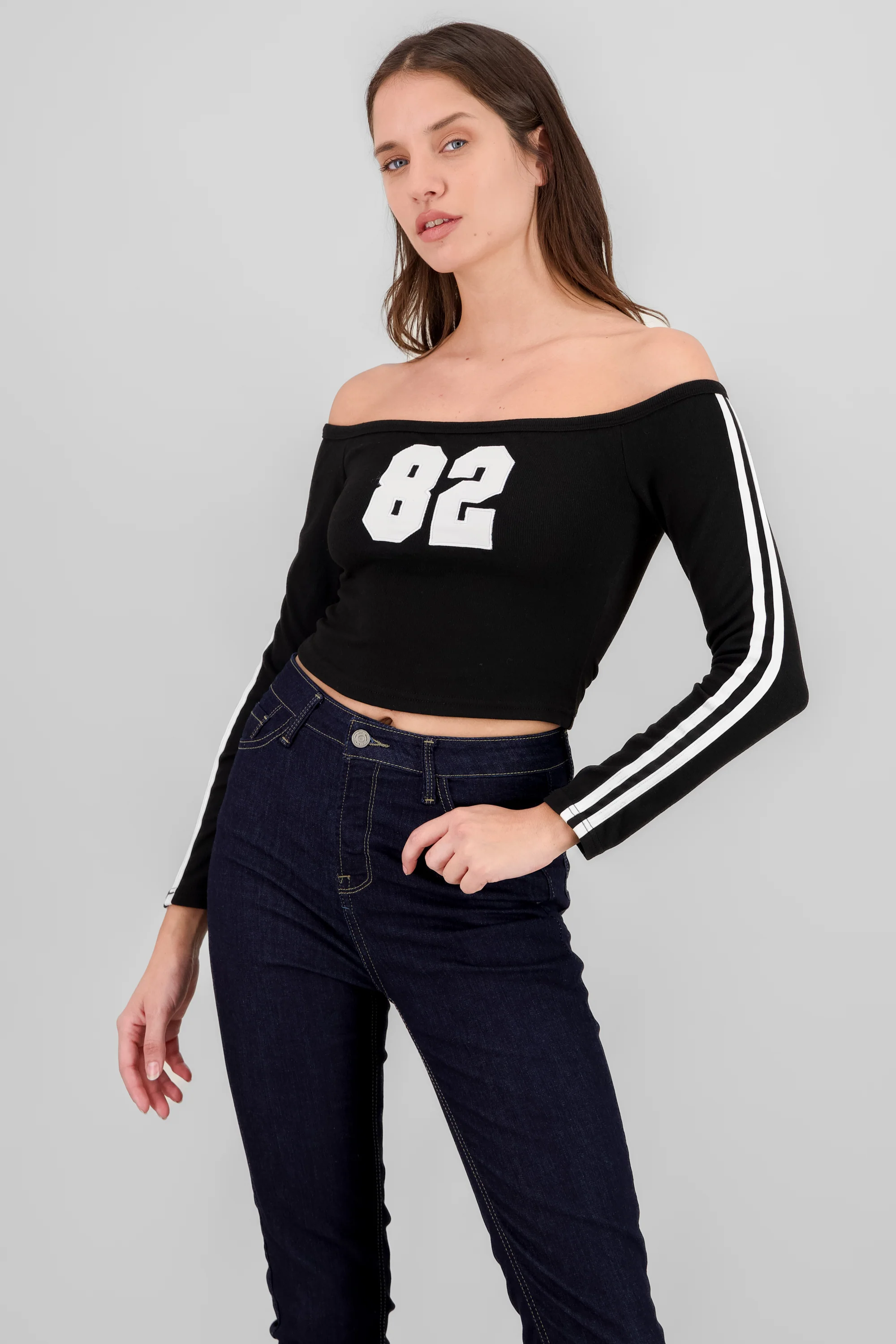 Top sin hombros rib contraste con estampado