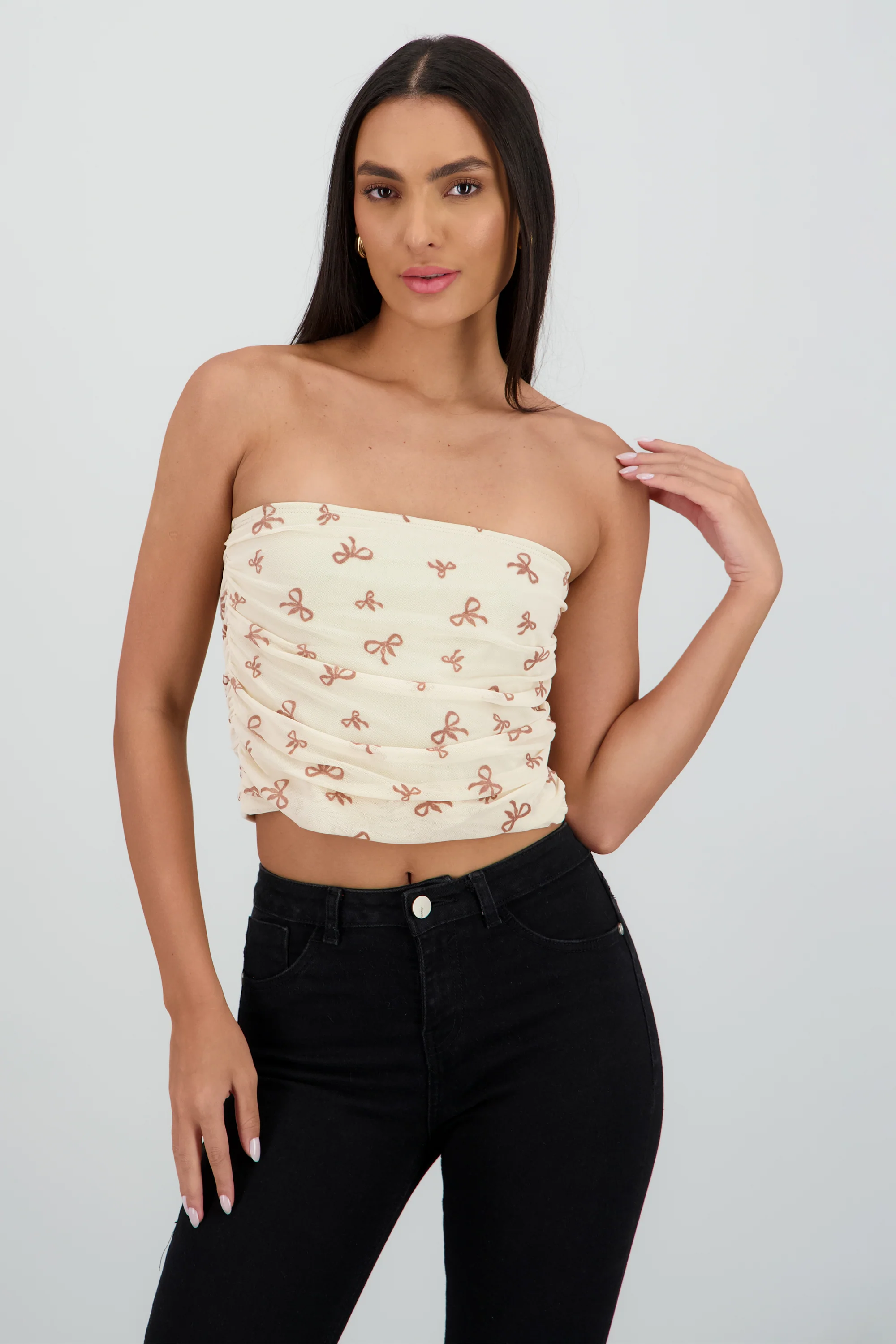 Top tubo drapeado strapless detalle mesh - Image 2