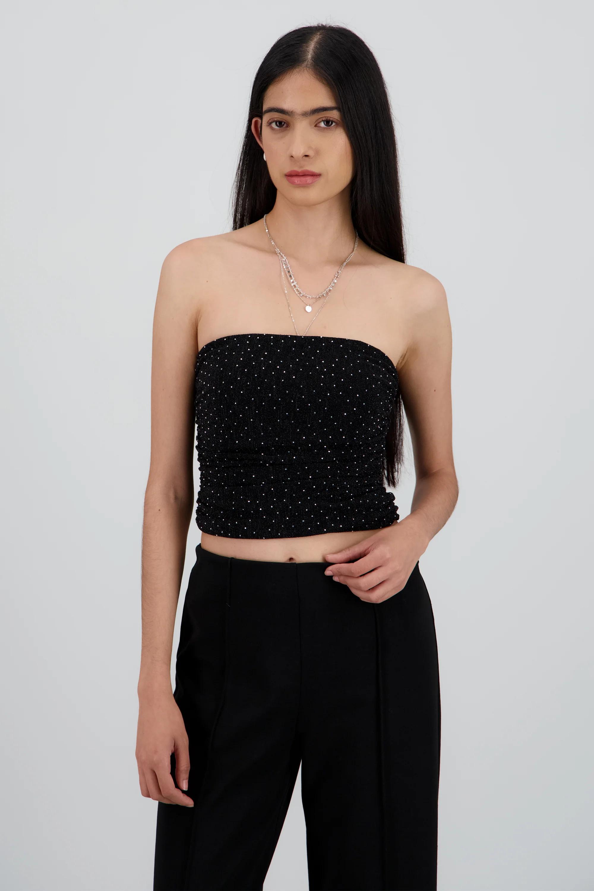 Top tubo drapeado tela de brillos con rhinestones