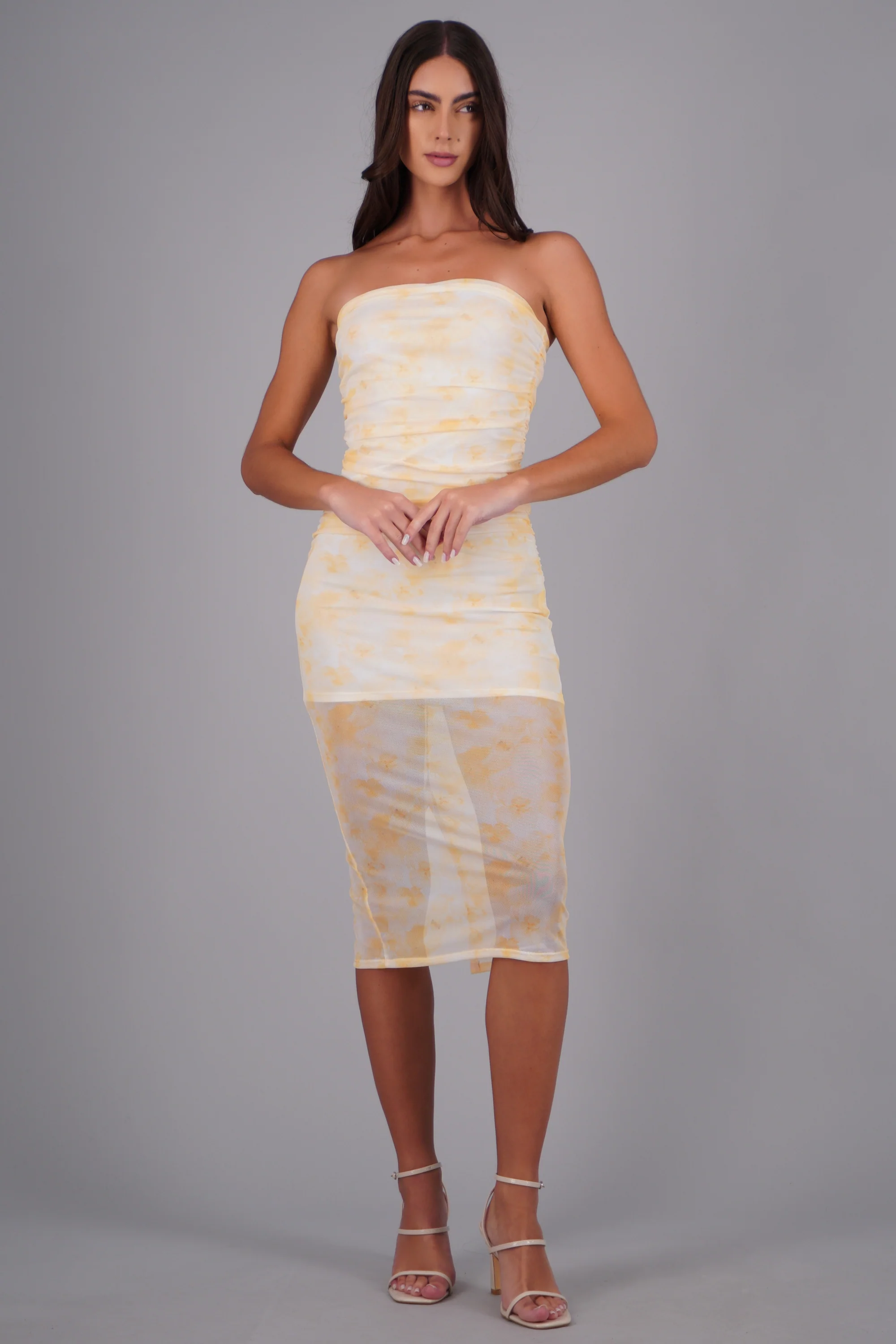 Vestido bandeau mesh fruncido estampado - Image 3