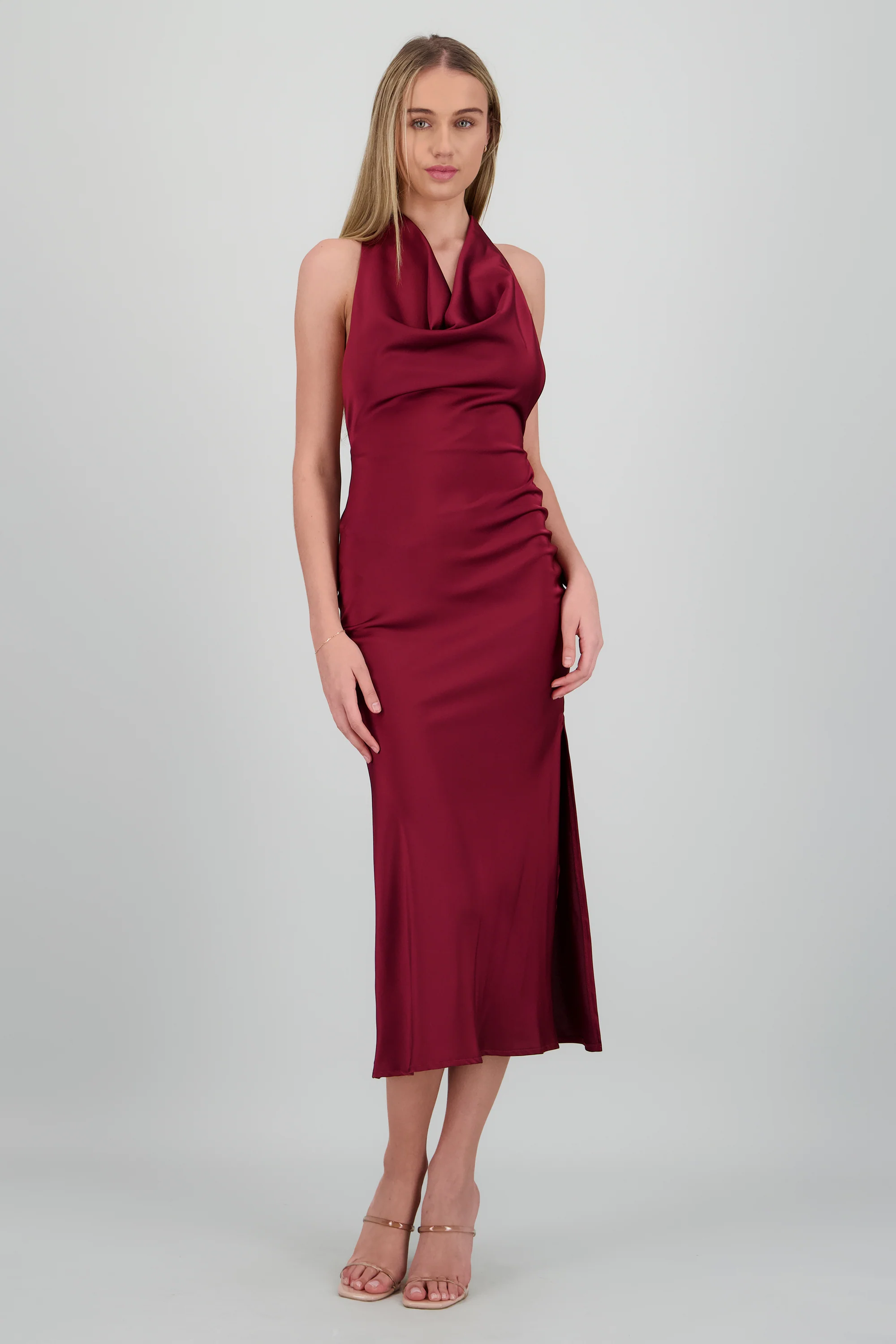 Vestido midi escote cascada halter satinado - Image 3