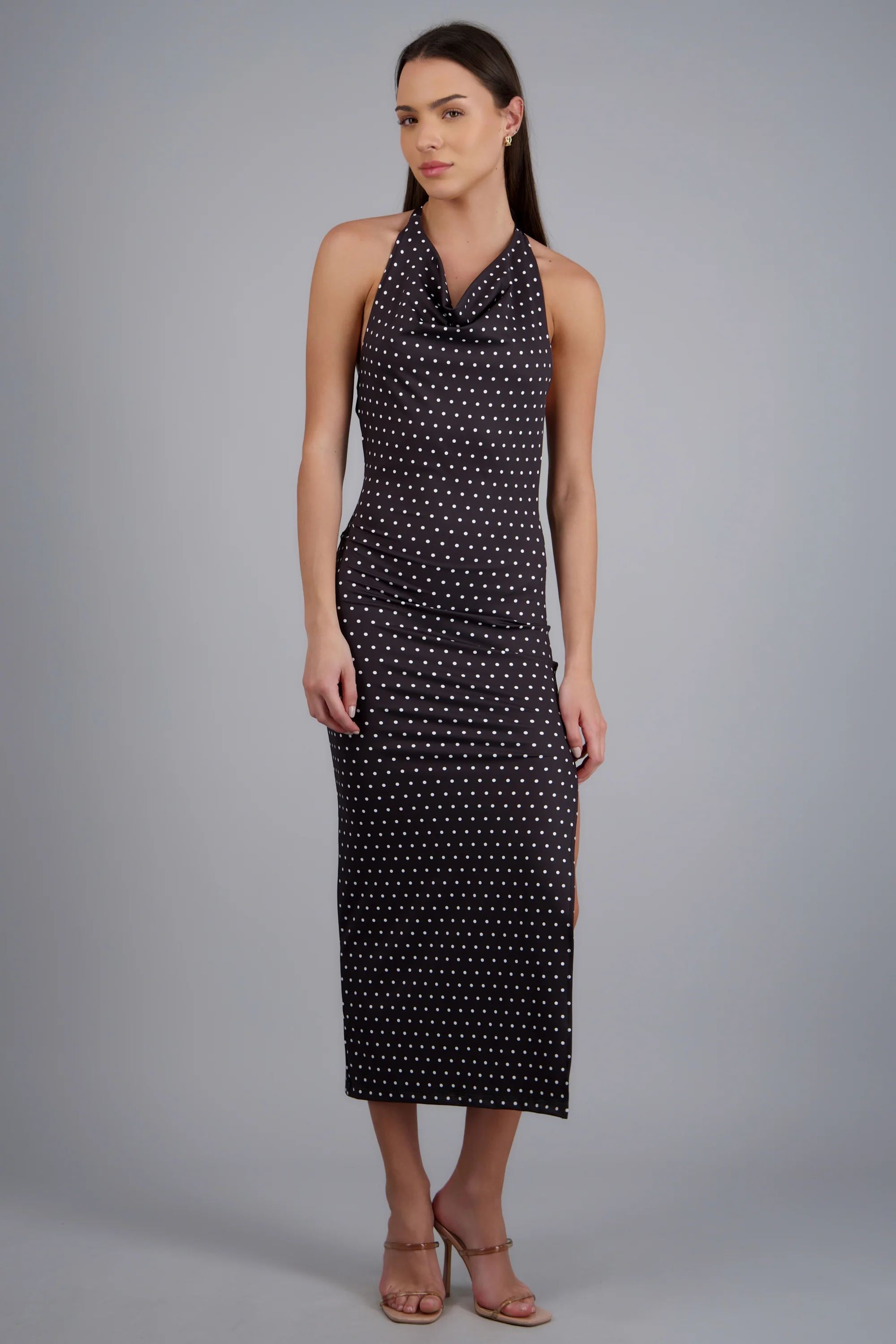 Vestido halter escote cascada polka dots