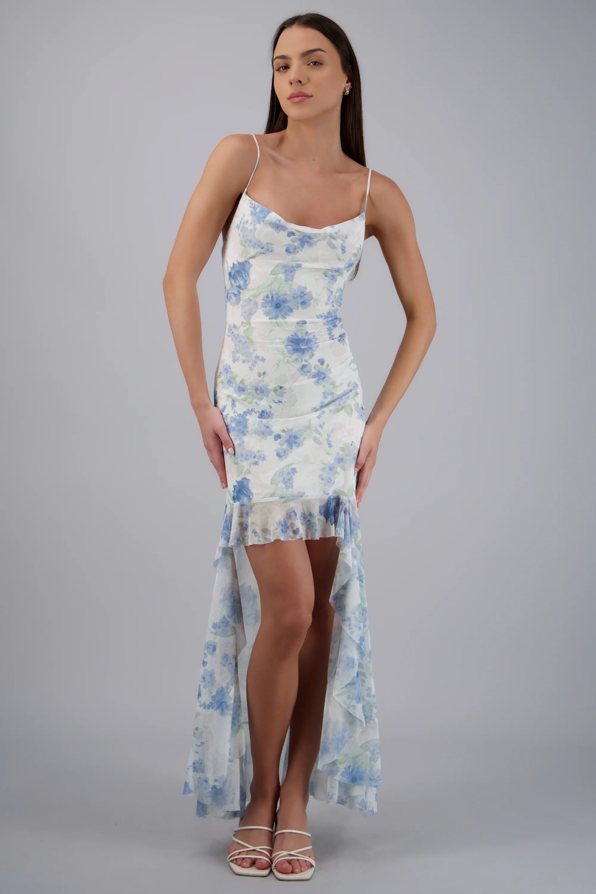 Vestido high low mesh estampado flores - Image 3