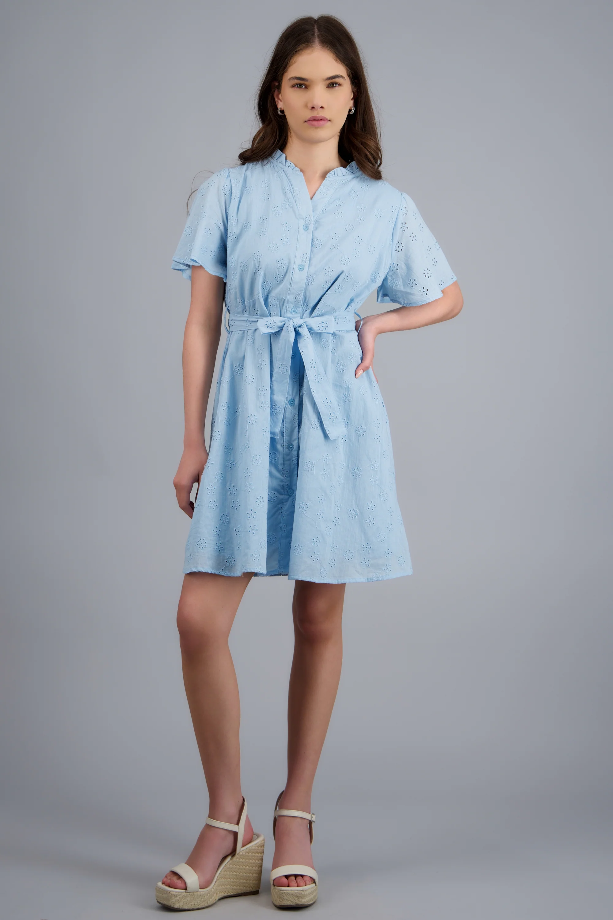 Vestido manga corta detalle cinturon eyelet - Image 3