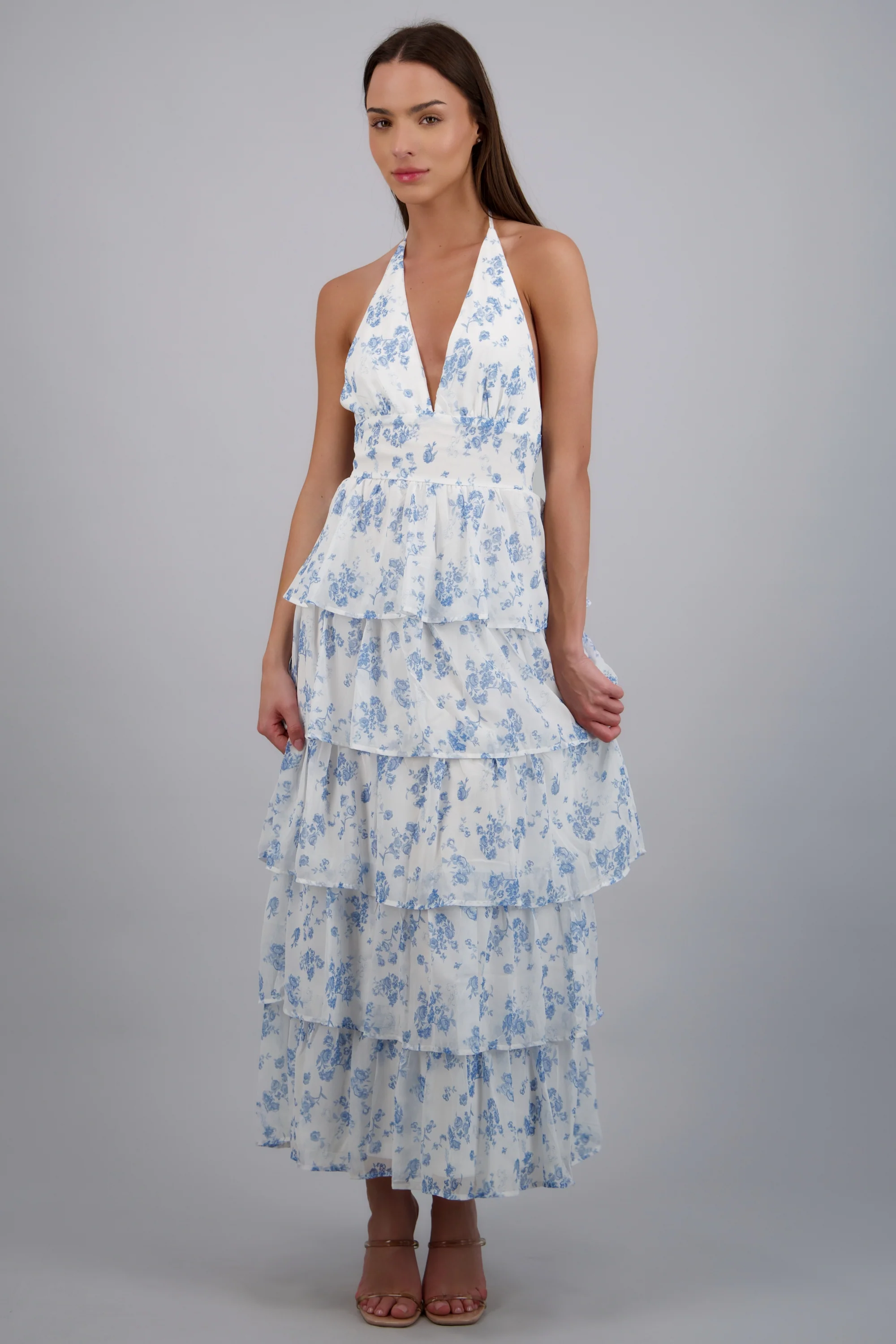 Vestido maxi capas olanes estampado flores