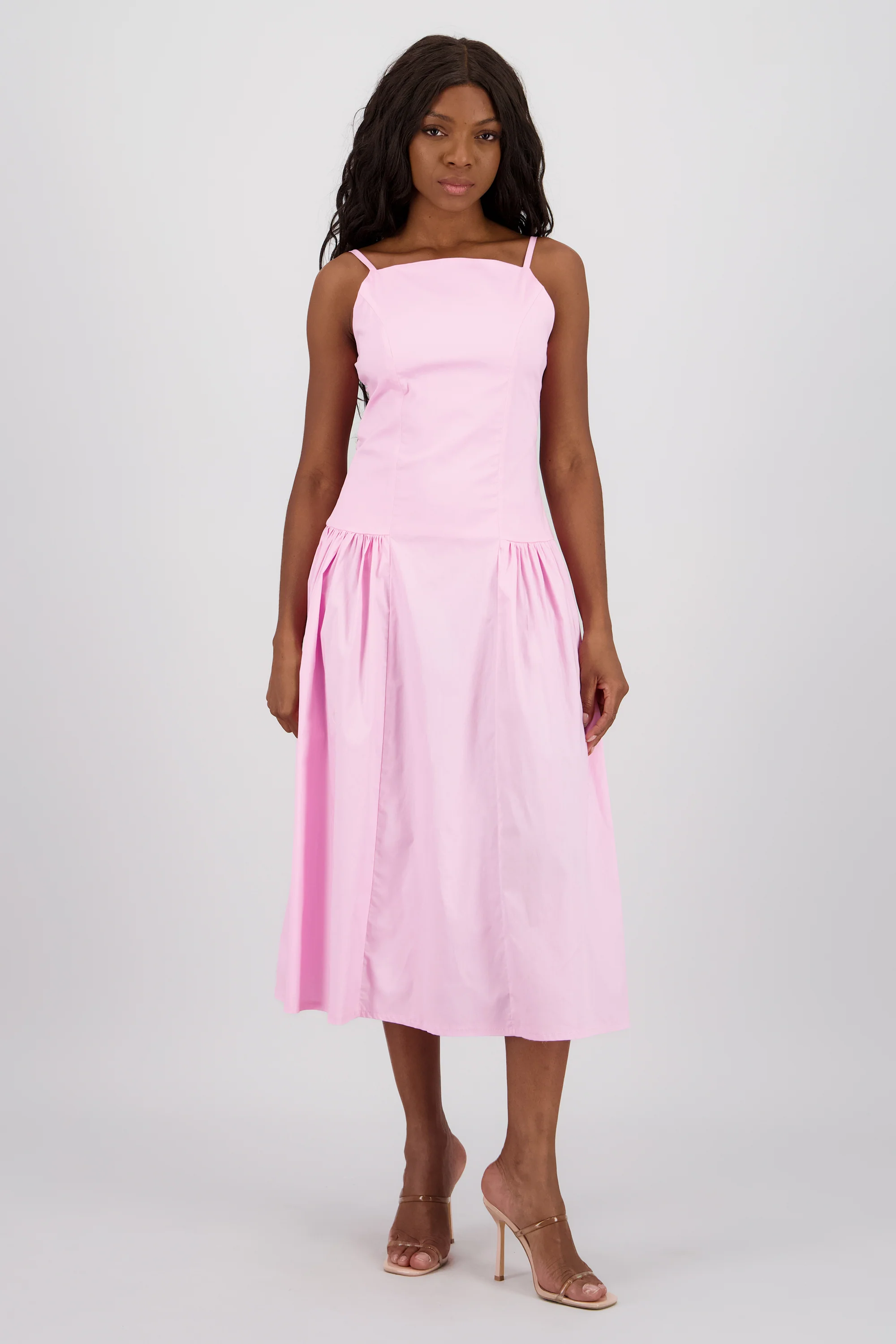 Vestido maxi drop waist frunce