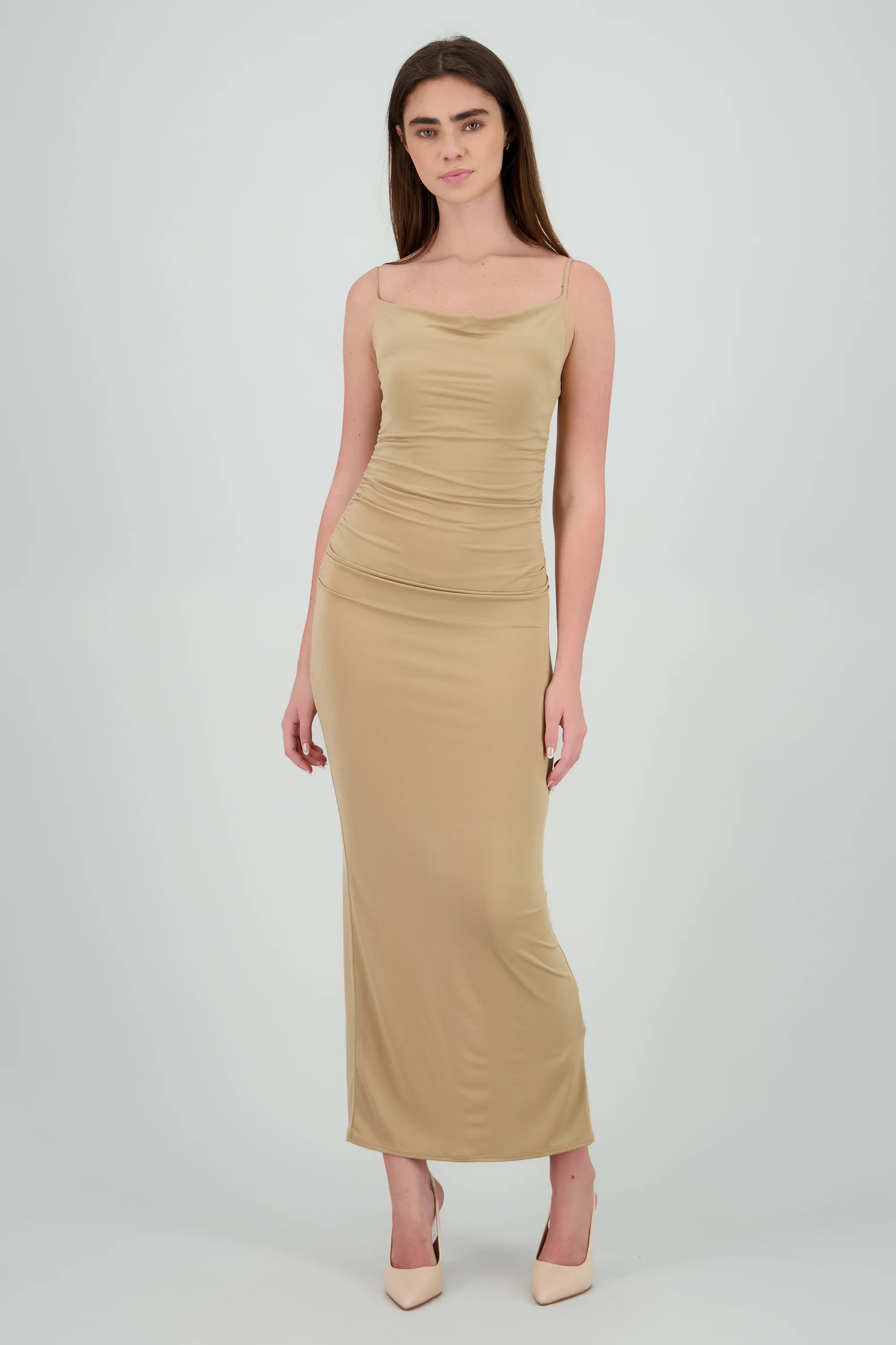 Vestido maxi mesh drapeado tirantes