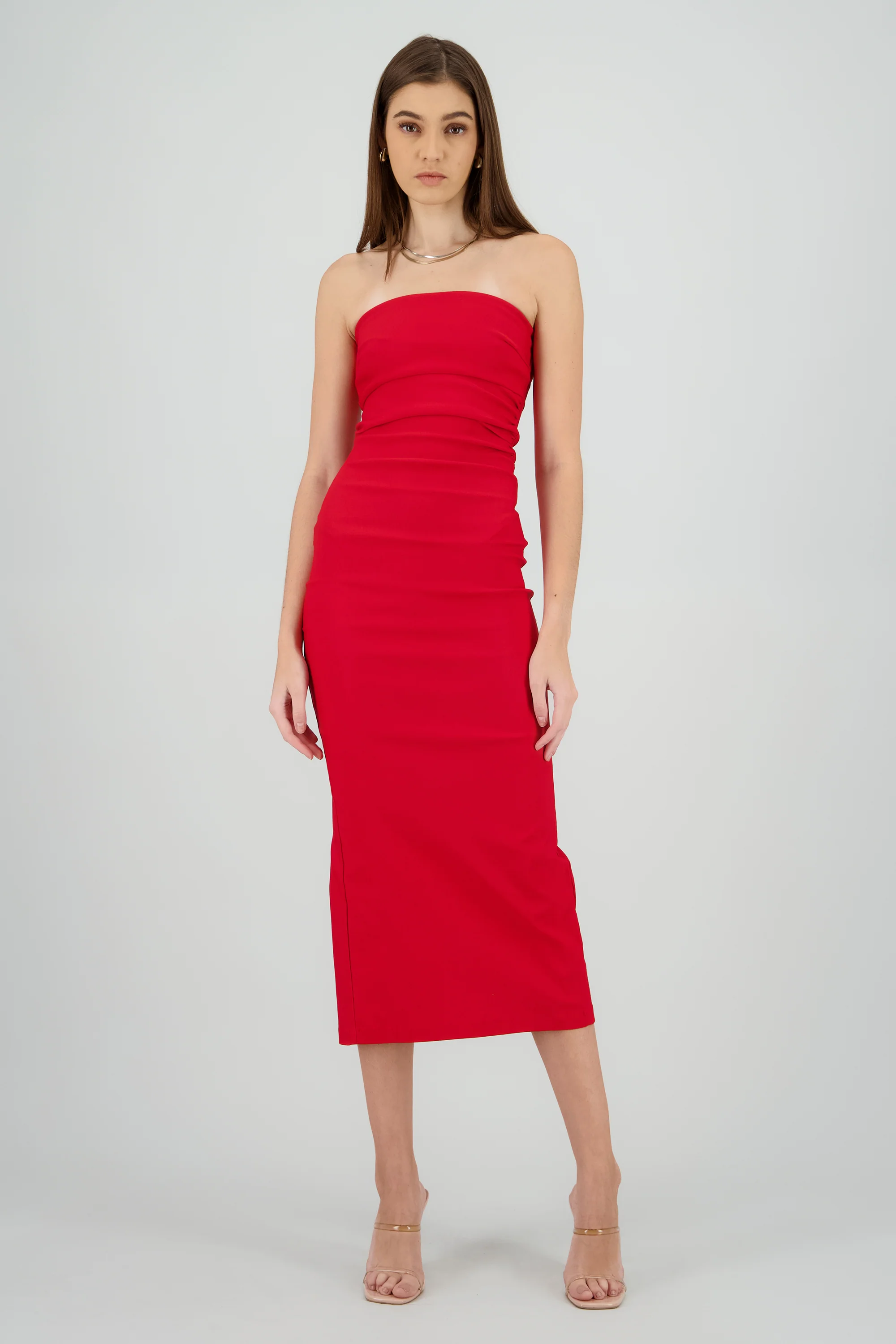Vestido maxi strapless drapeado hypsters