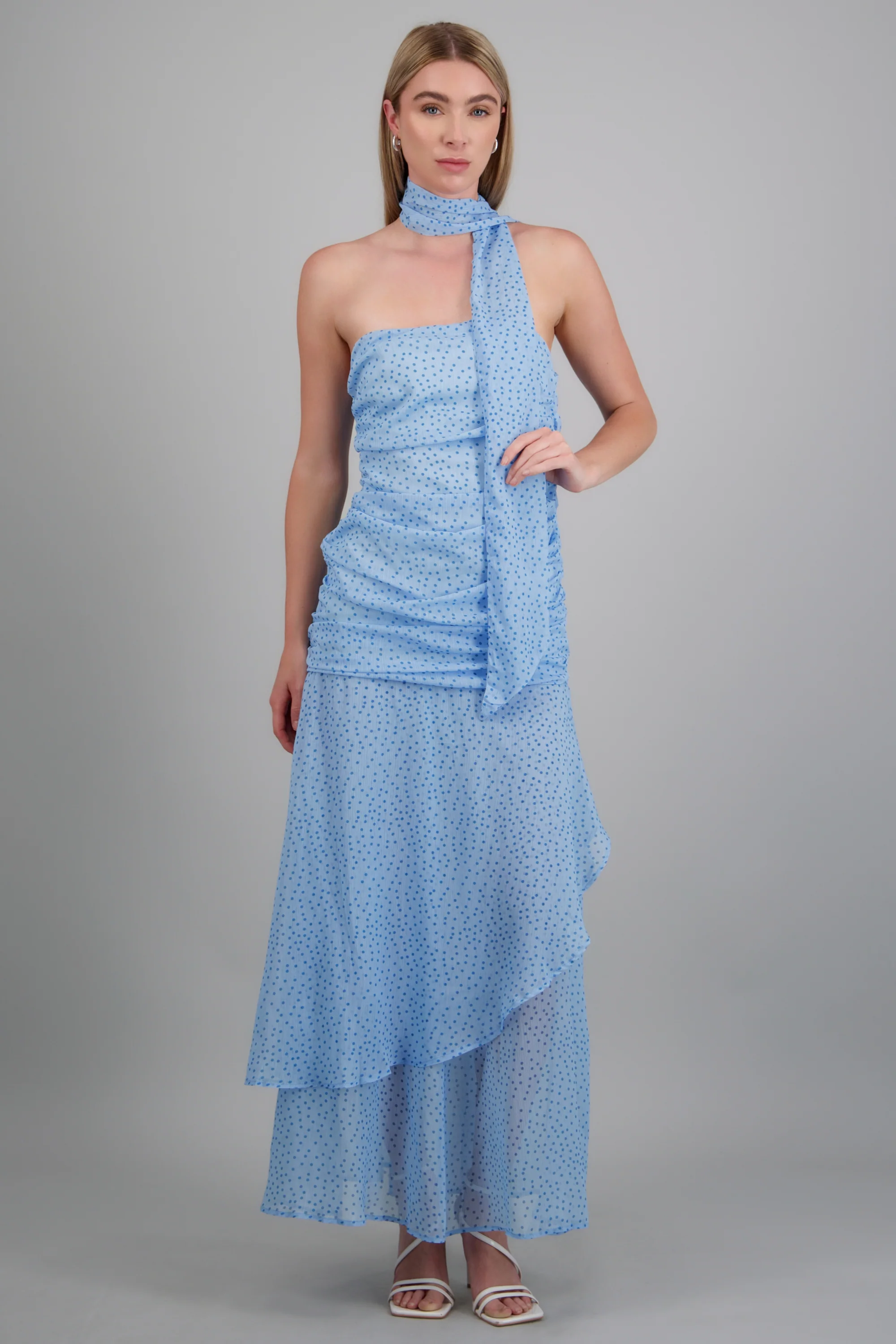Vestido maxi strapless drapeado polka dots - Image 2