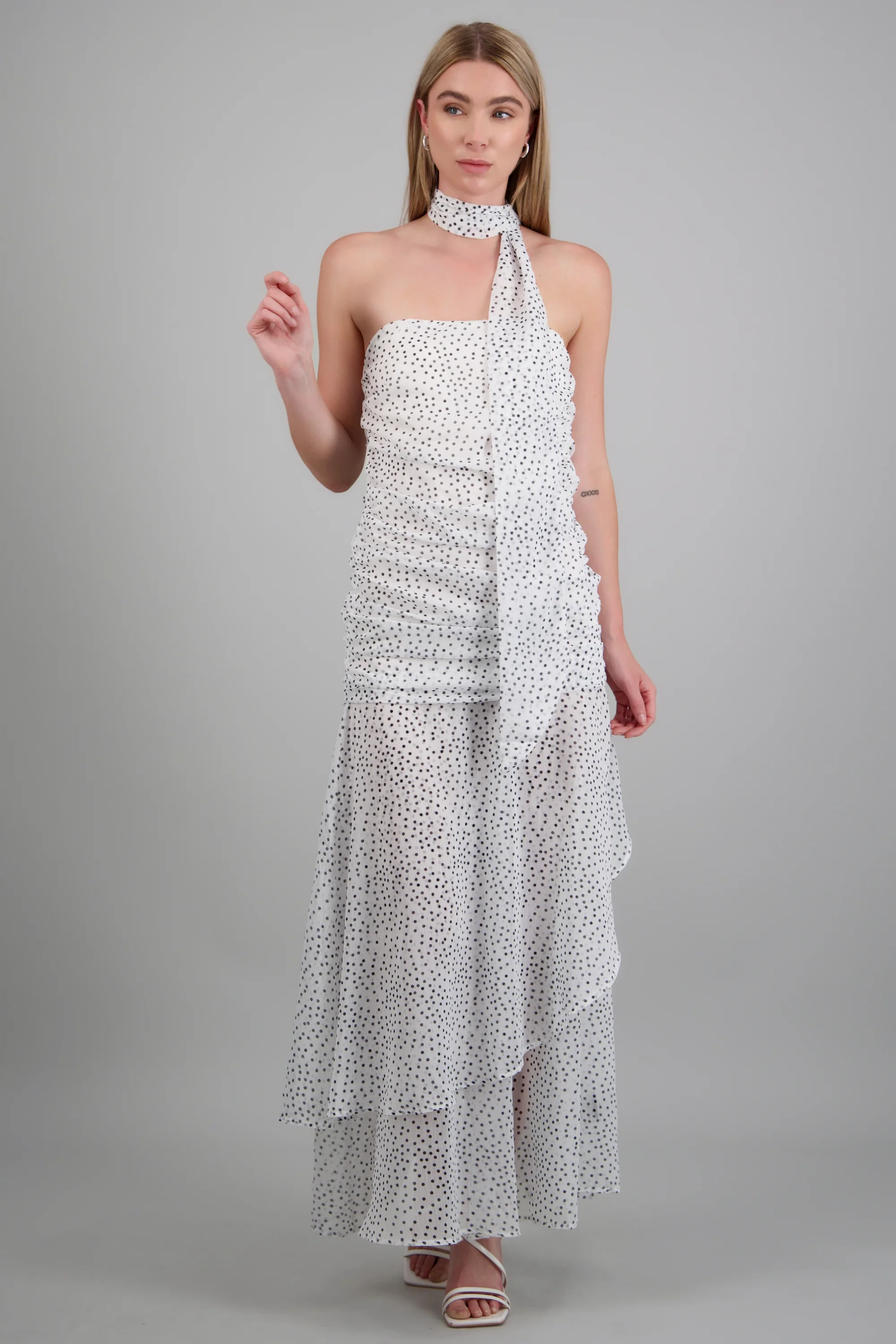 Vestido maxi strapless drapeado polka dots - Image 2