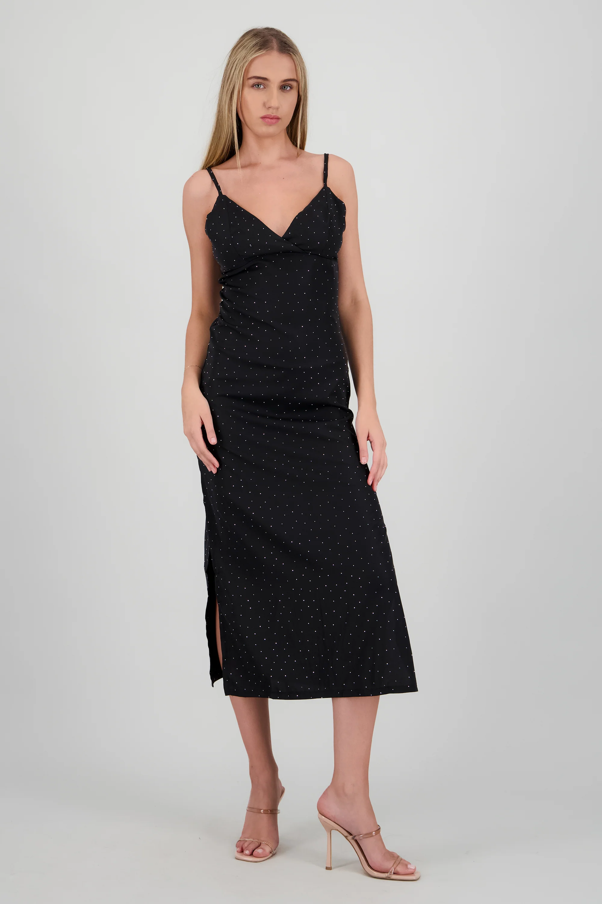Vestido midi brillos escote cruzado