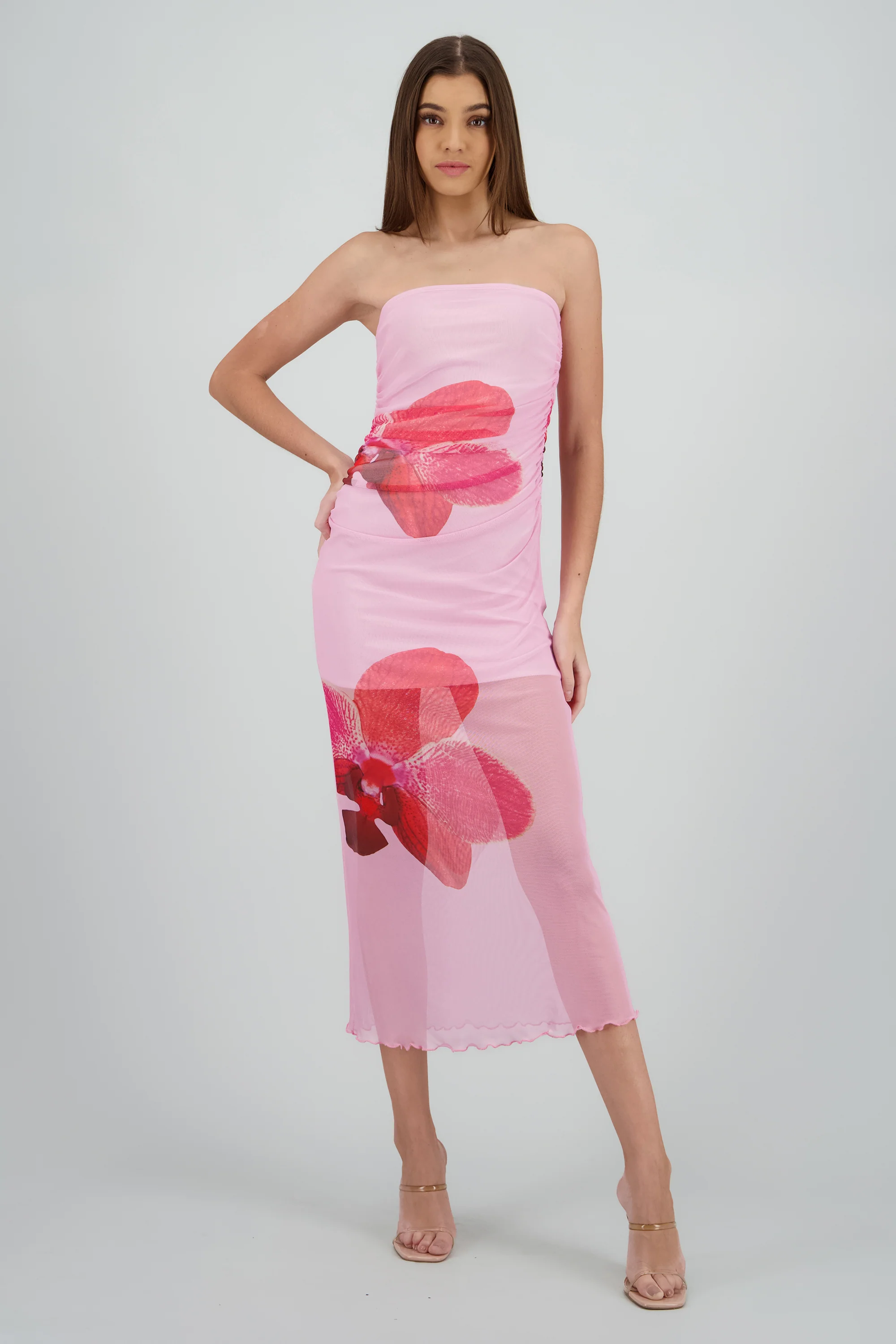 Vestido midi drapeado con estampado de flor