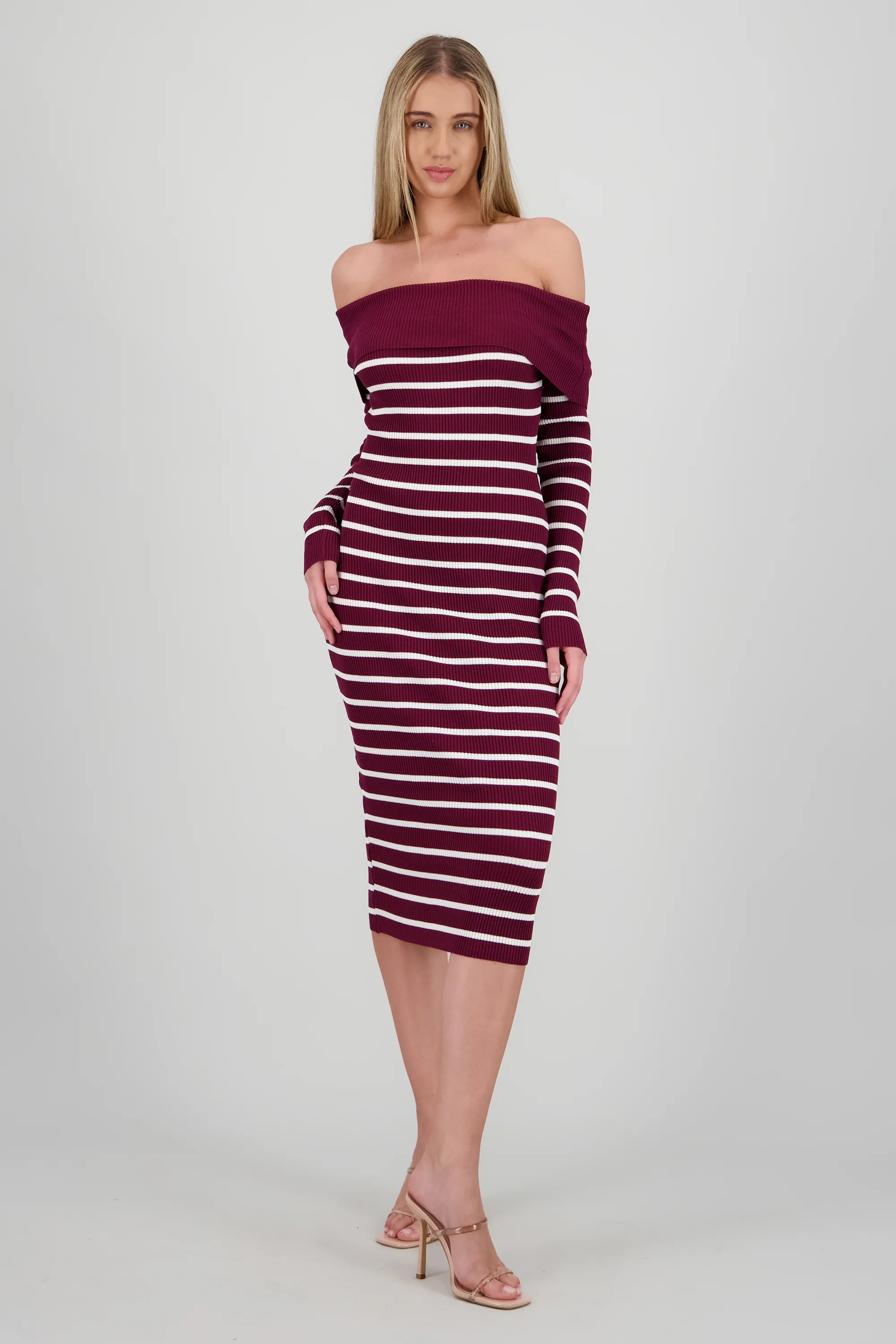 Vestido midi off shoulder rib