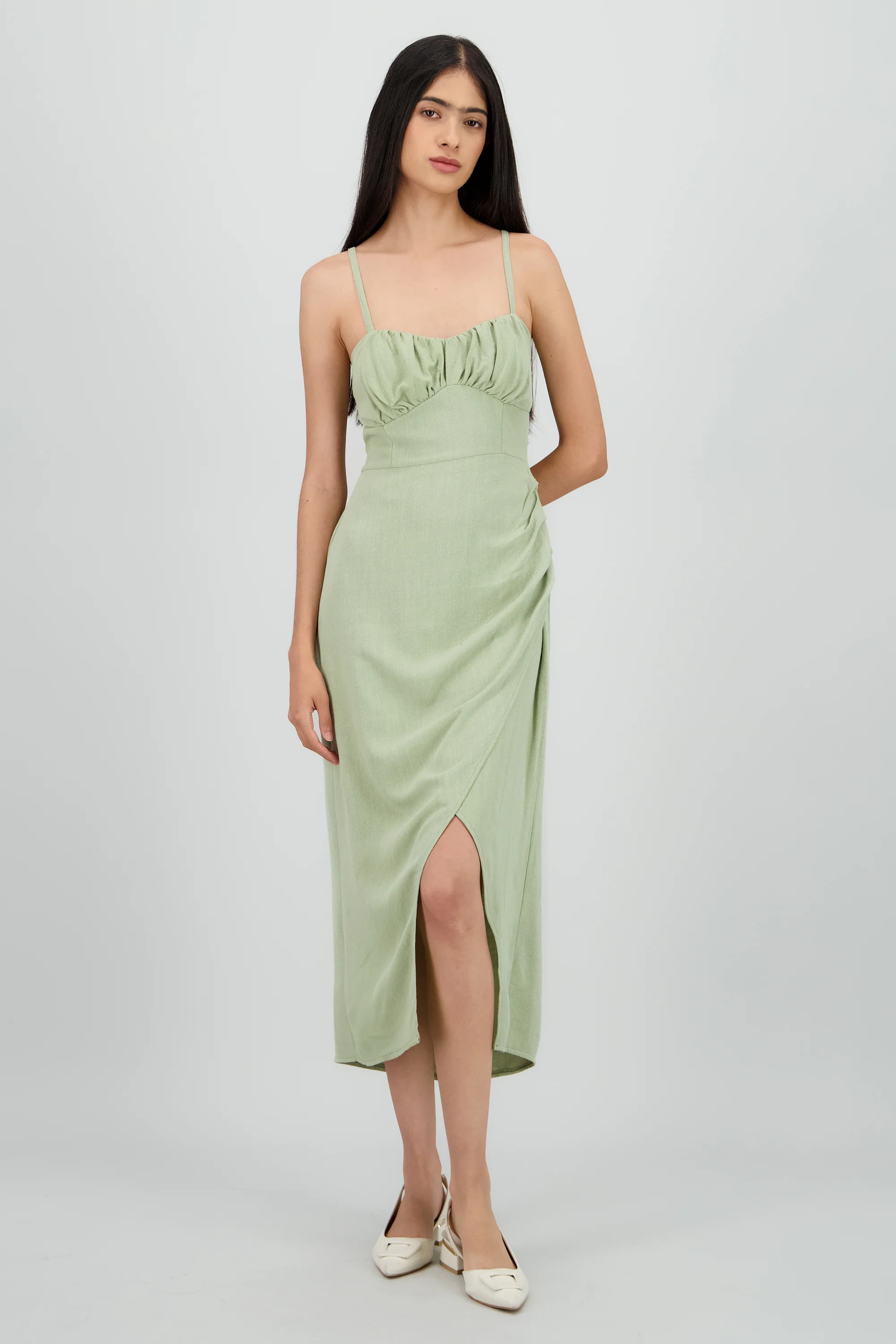 Vestido midi tirantes liso con abertura