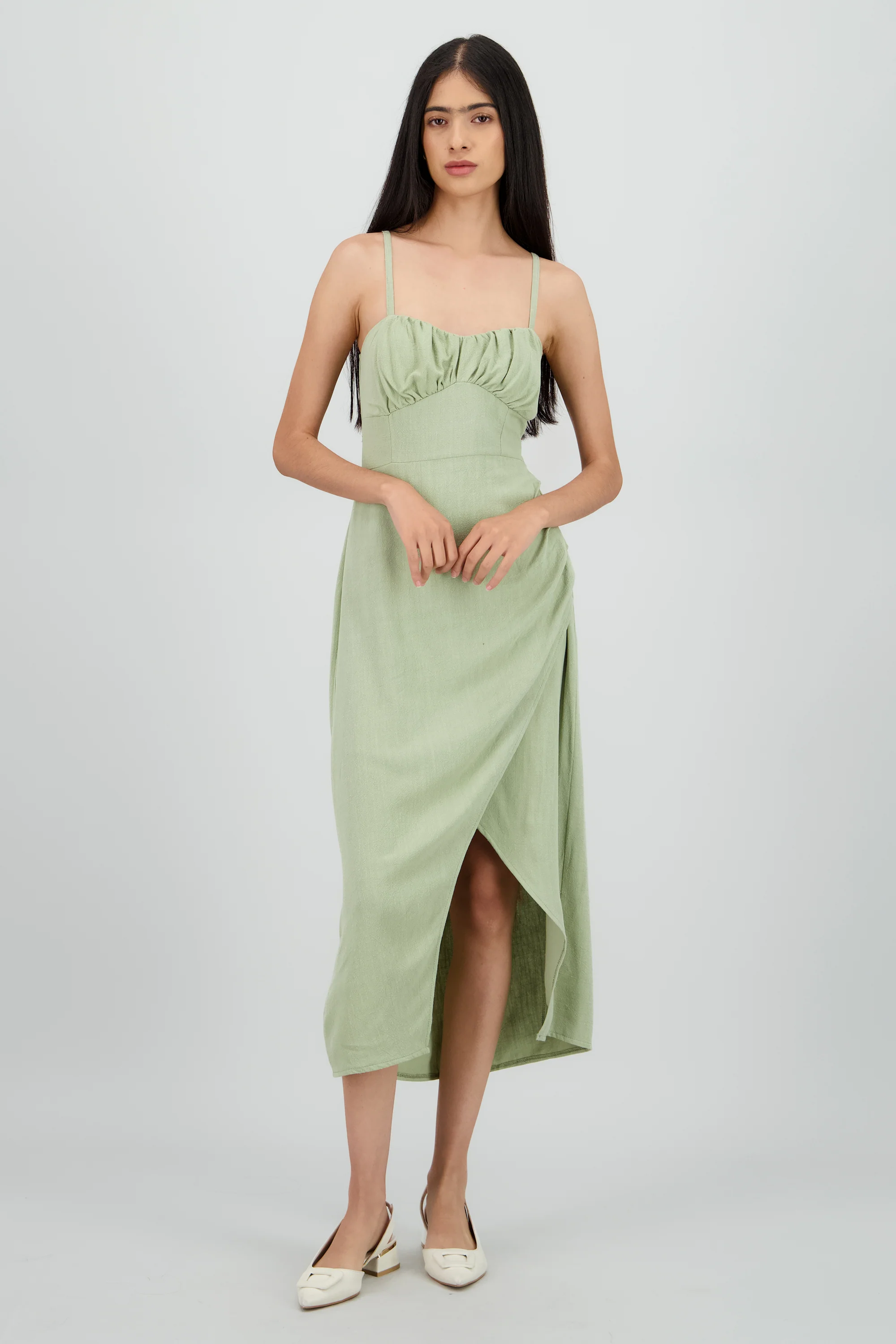 Vestido midi tirantes liso con abertura - Image 2