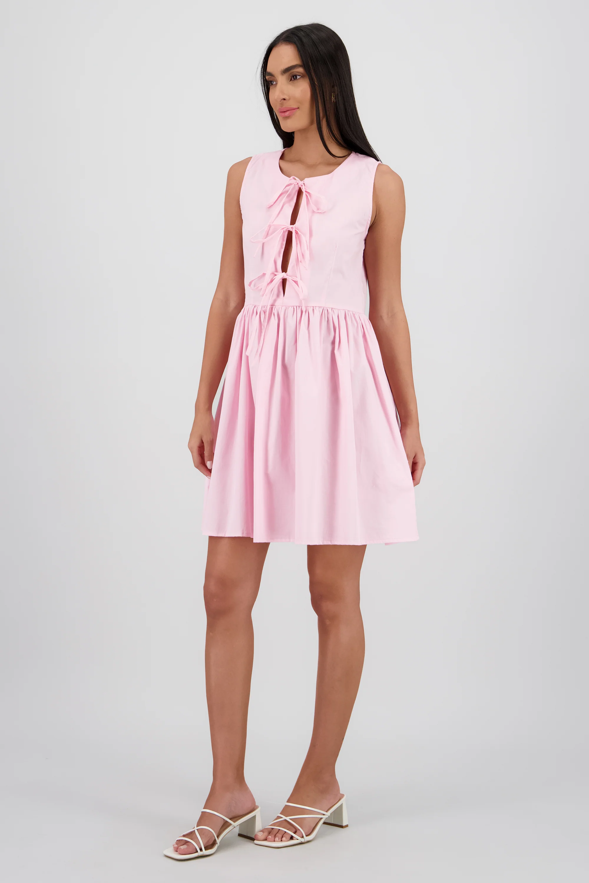 Vestido mini sin manga detalle frunces lazos - Image 3