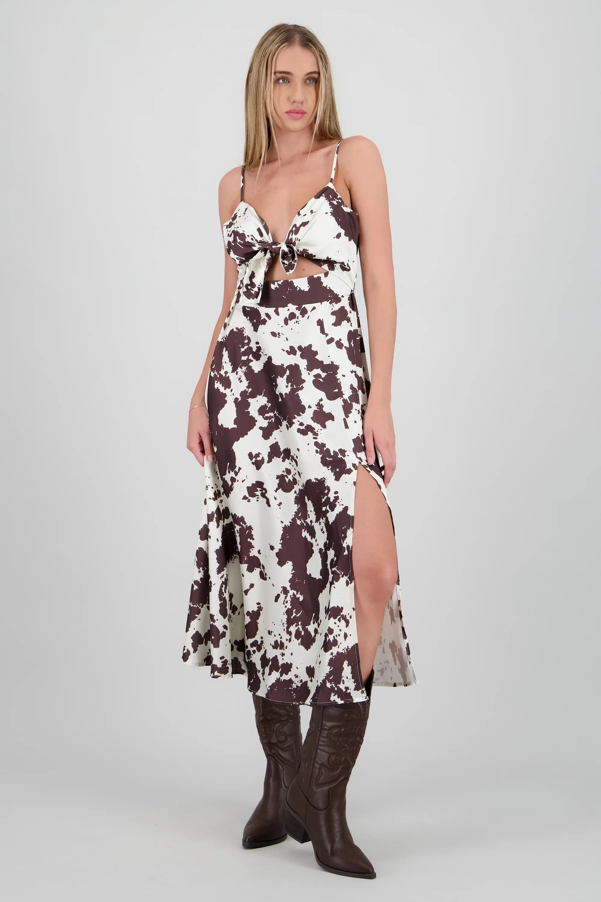 Vestido satin escote nudo estampado vaca