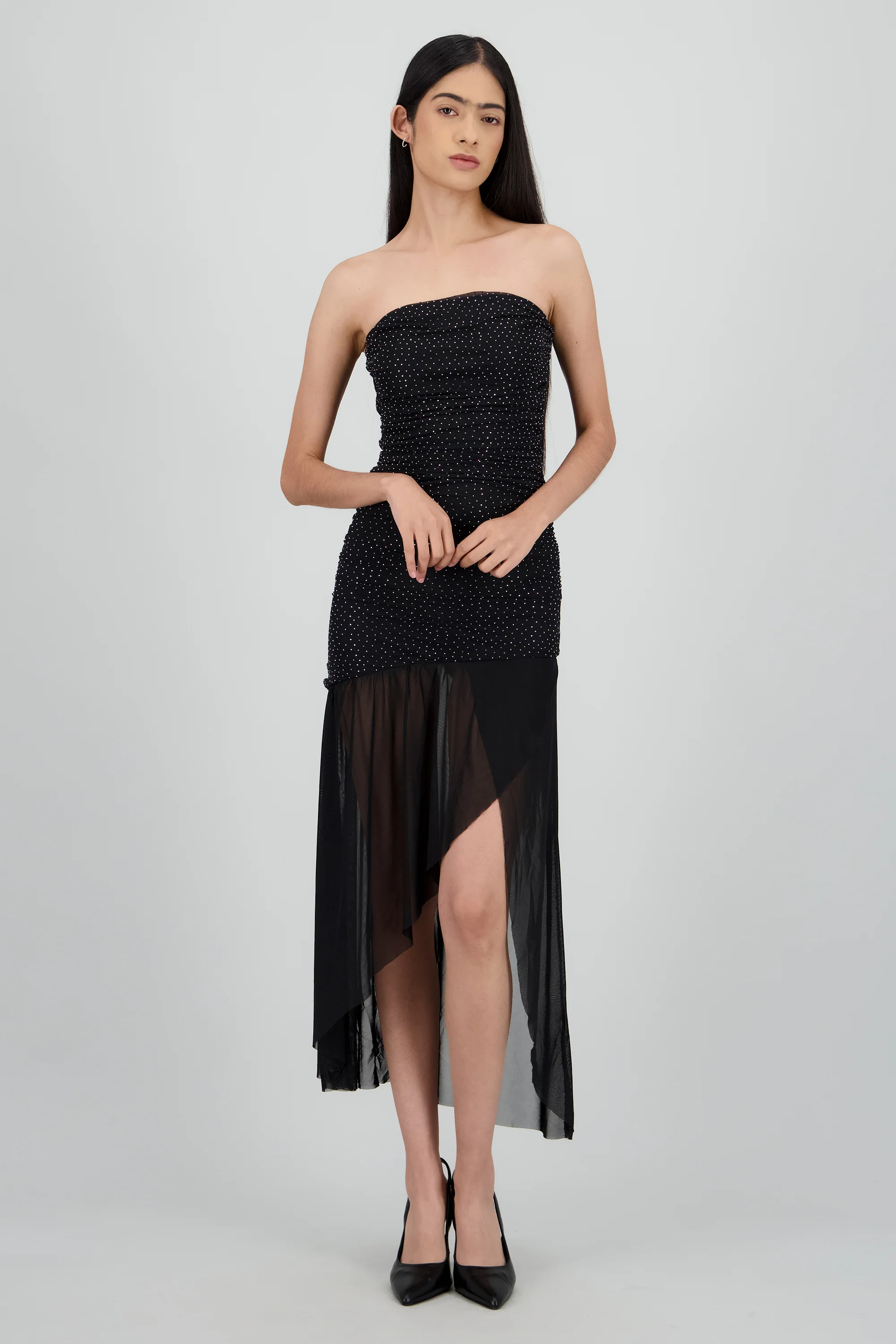 Vestido strapless con tela de brillos - Image 2