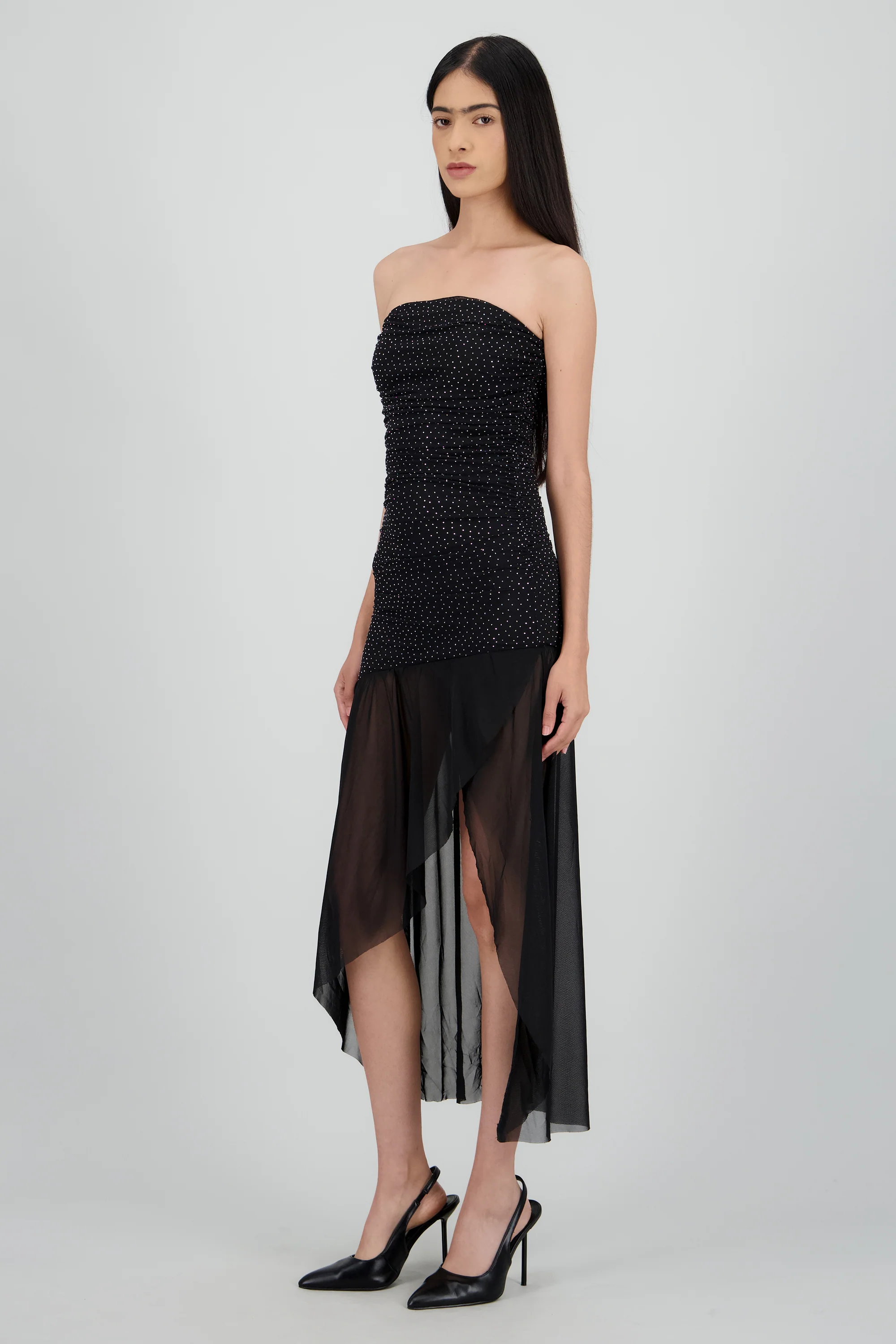 Vestido strapless con tela de brillos - Image 3